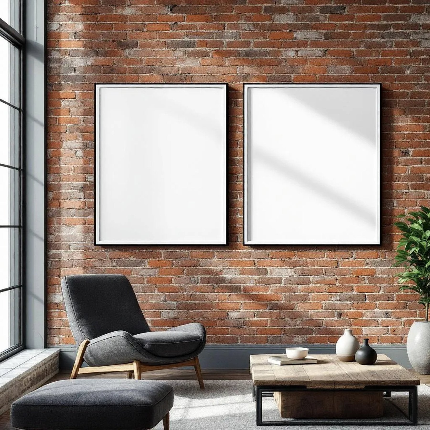 Industrial Loft Room Scene Mockup — Plain Square Frame Portrait 2:3 — Corner Perspective View — #04523 | MockupBulk