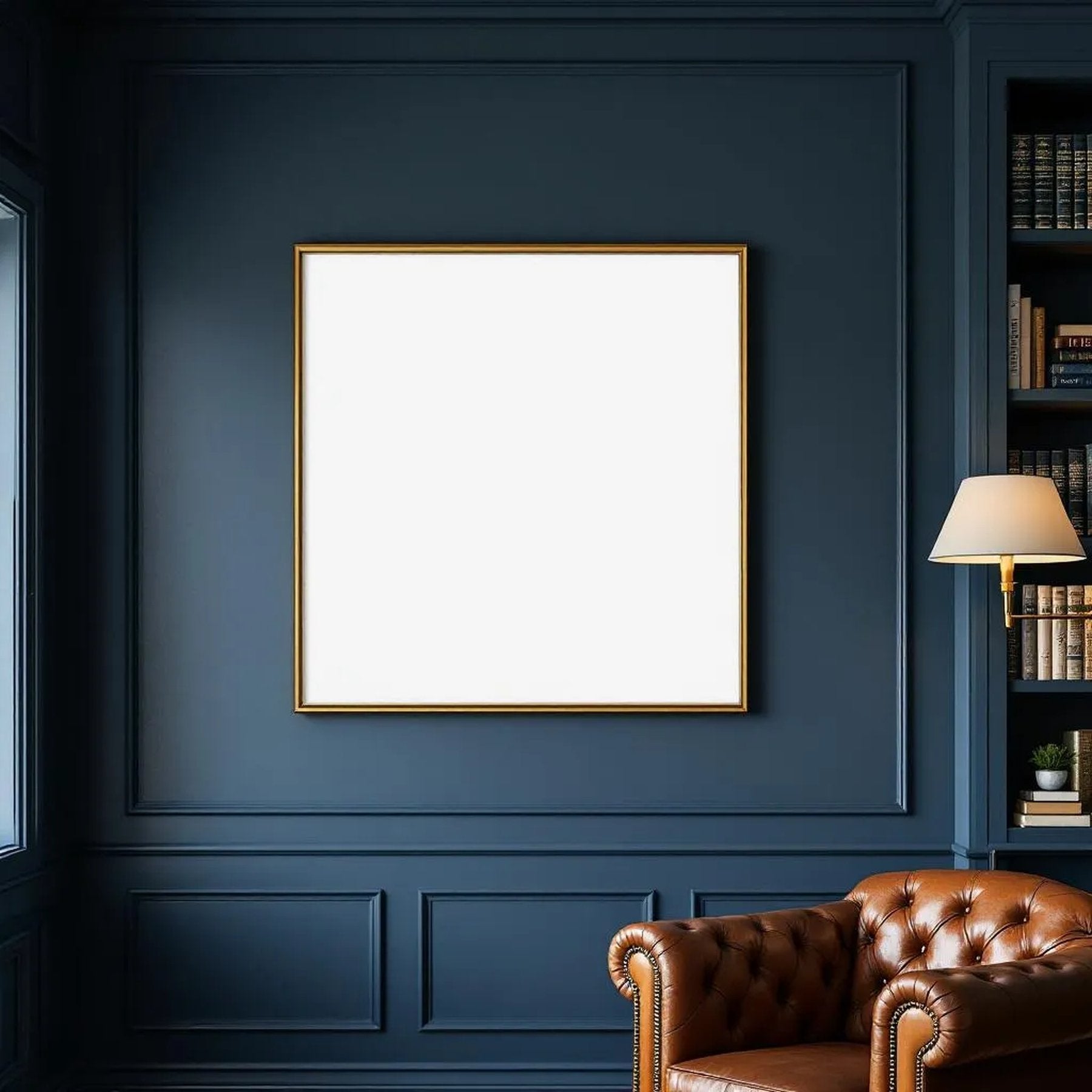 Library & Study Room Scene Mockup — Plain Square Frame Square 1:1 — Corner Perspective View — #04870 | MockupBulk