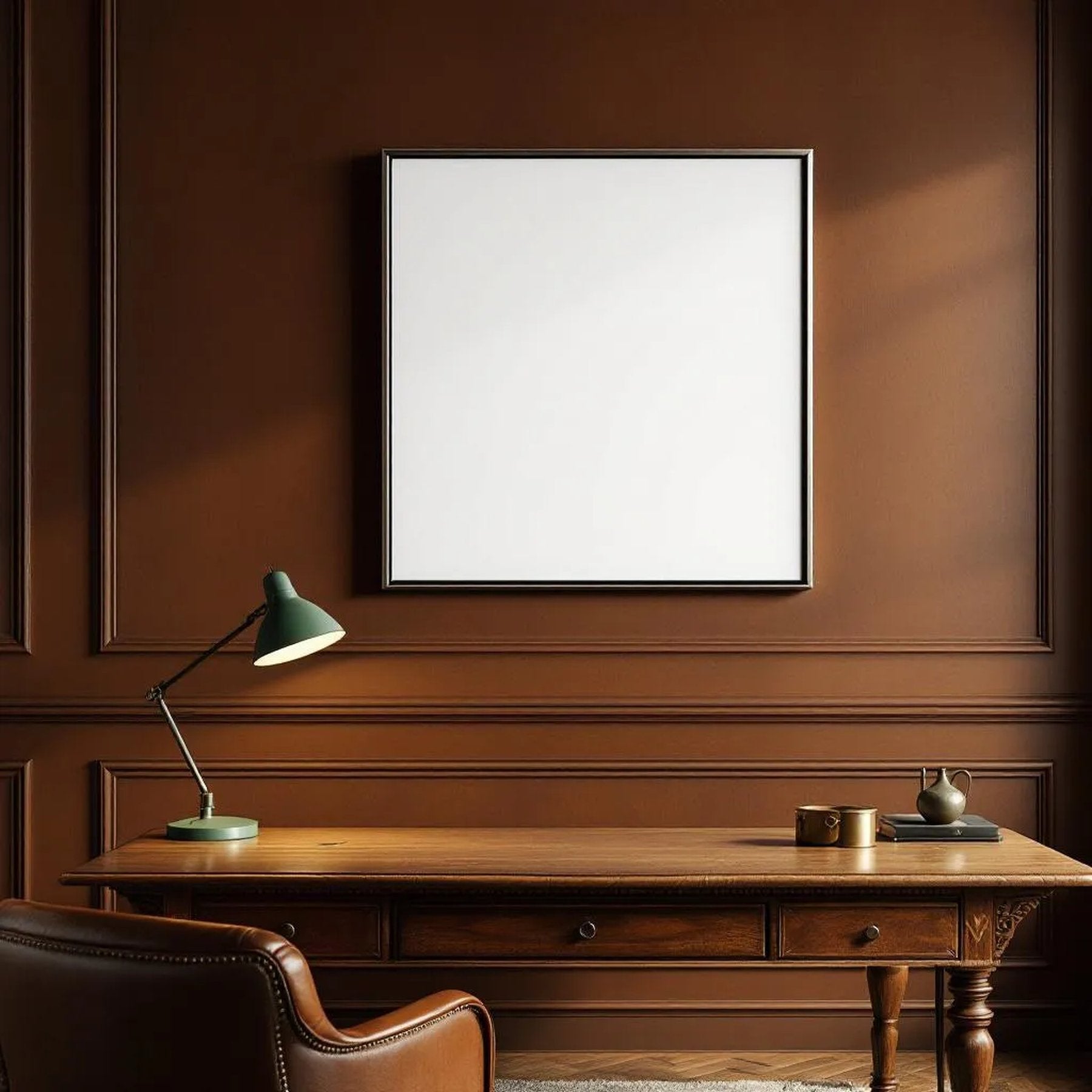 Library & Study Editorial Room Mockup — Plain Square Frame Square 1:1 — Corner Perspective View — #04871 | MockupBulk