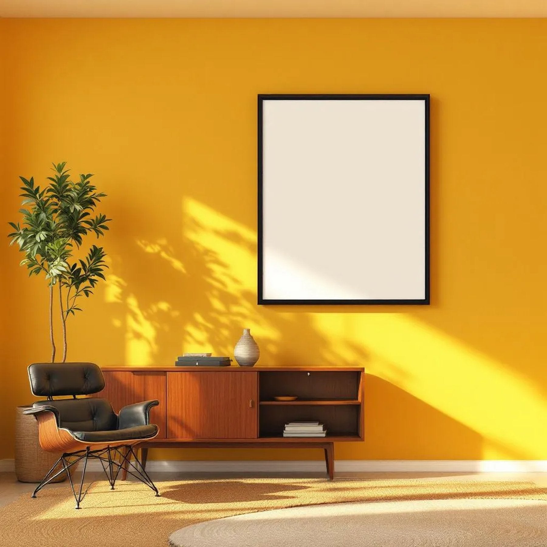 Mid-Century Modern Editorial Room Mockup — Plain Square Frame Portrait 2:3 — Corner Perspective View — #04945 | MockupBulk