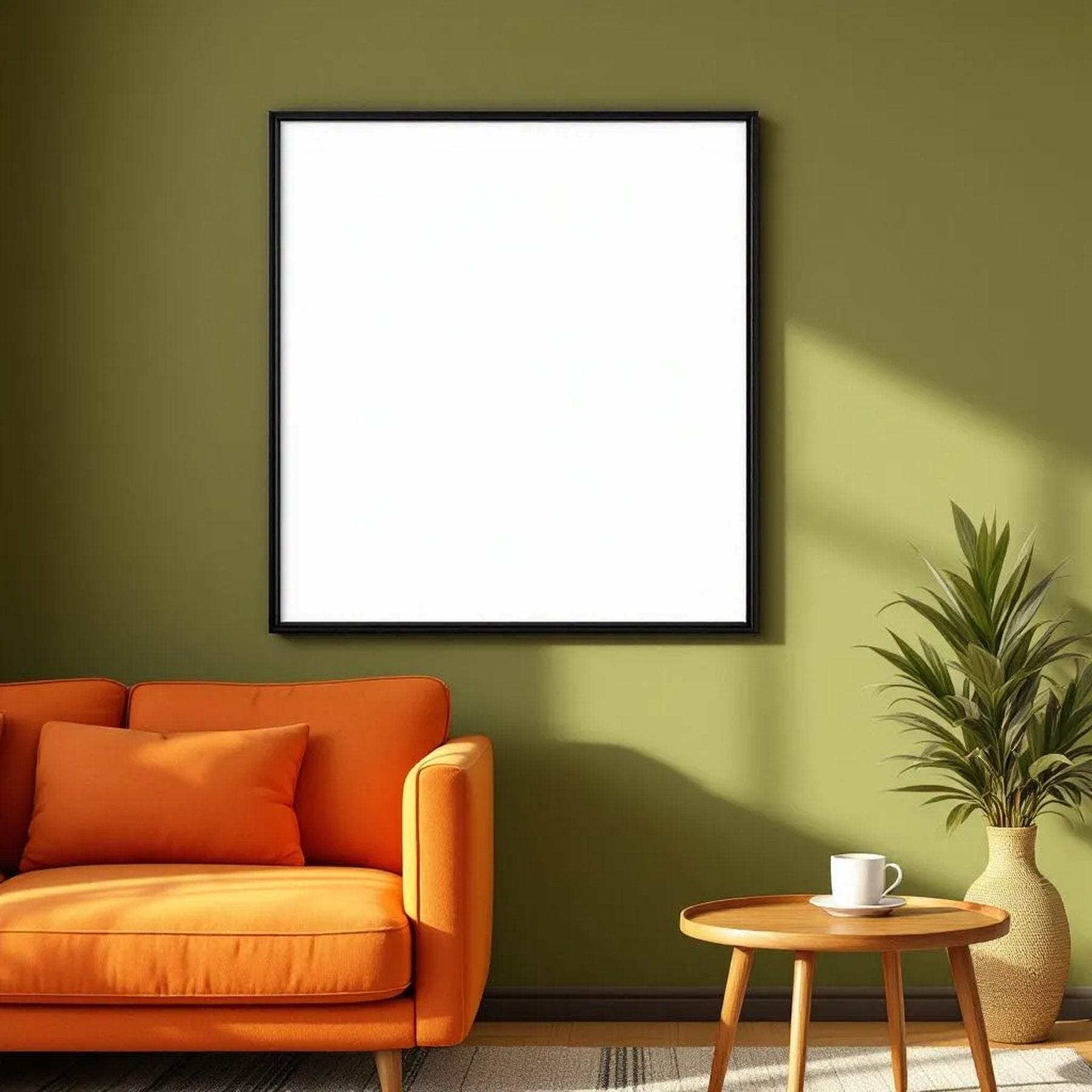 Mid-Century Modern Room Scene Mockup — Plain Square Frame Square 1:1 — Corner Perspective View — #04946 | MockupBulk