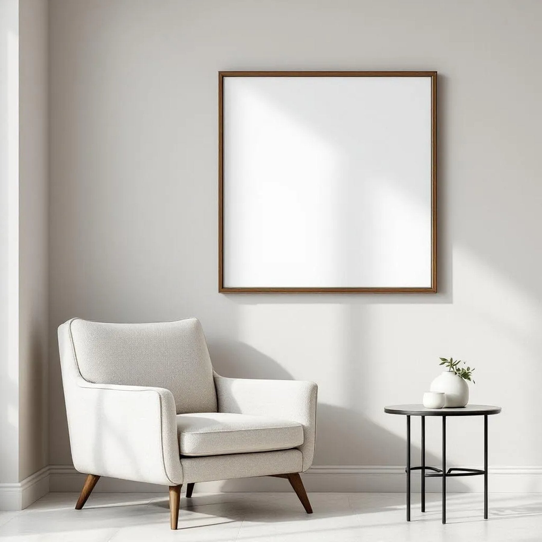 Minimalist White Wall Art Mockup — Plain Square Frame Portrait 2:3 — Corner Perspective View — #04469 | MockupBulk