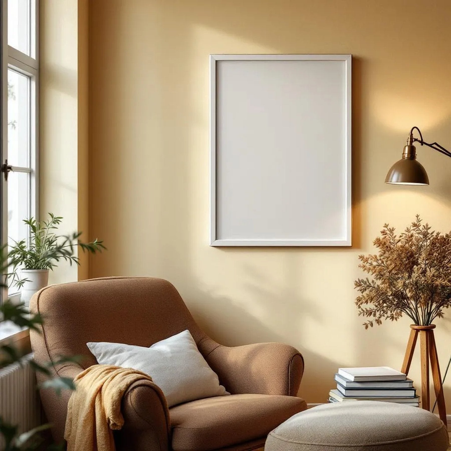 Reading Nook Editorial Room Mockup — Plain Square Frame Portrait 2:3 — Corner Perspective View — #04795 | MockupBulk