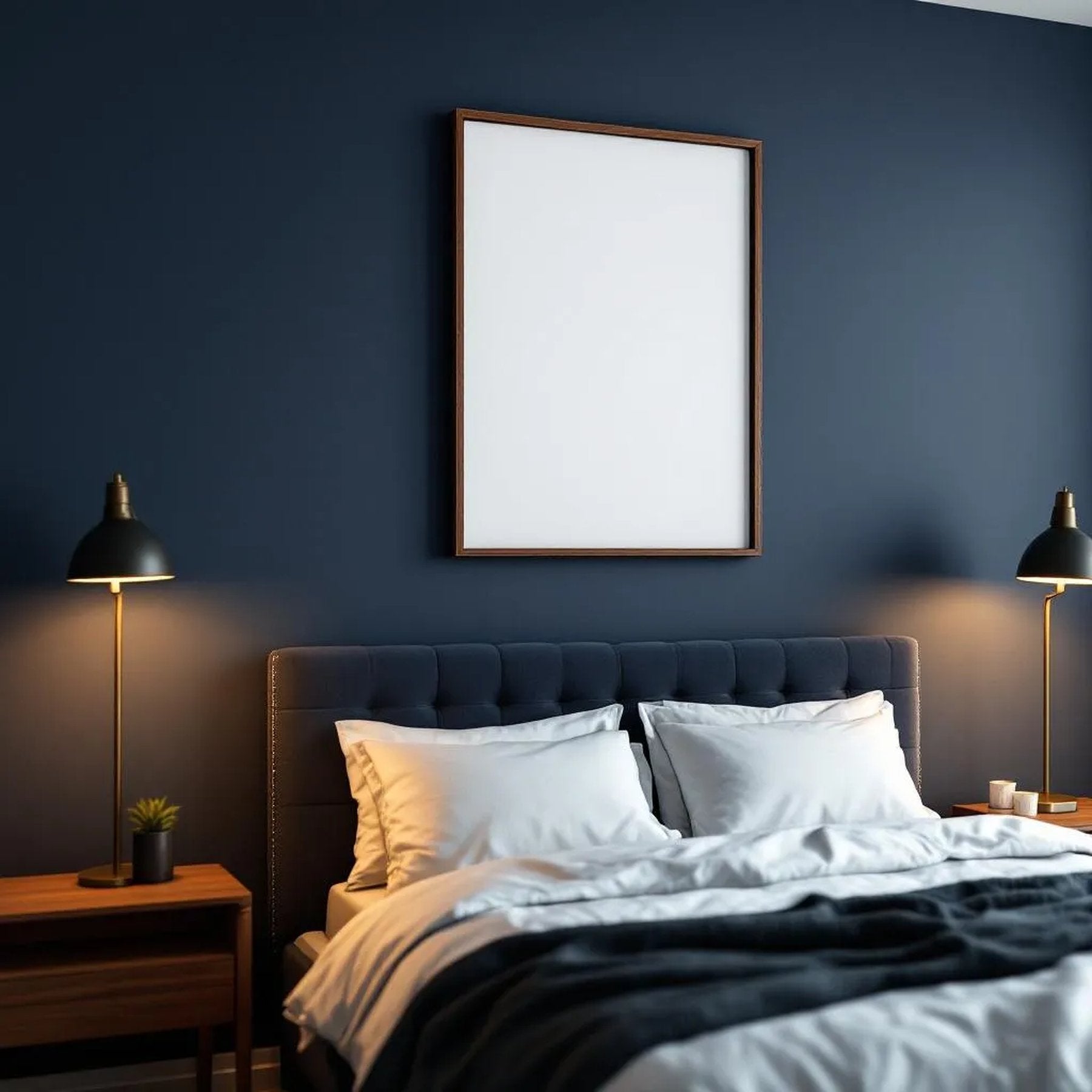 Dark Bedroom Interior Frame Mockup — Plain Square Frame Portrait 2:3 — Left-Angled Perspective — #04549 | MockupBulk