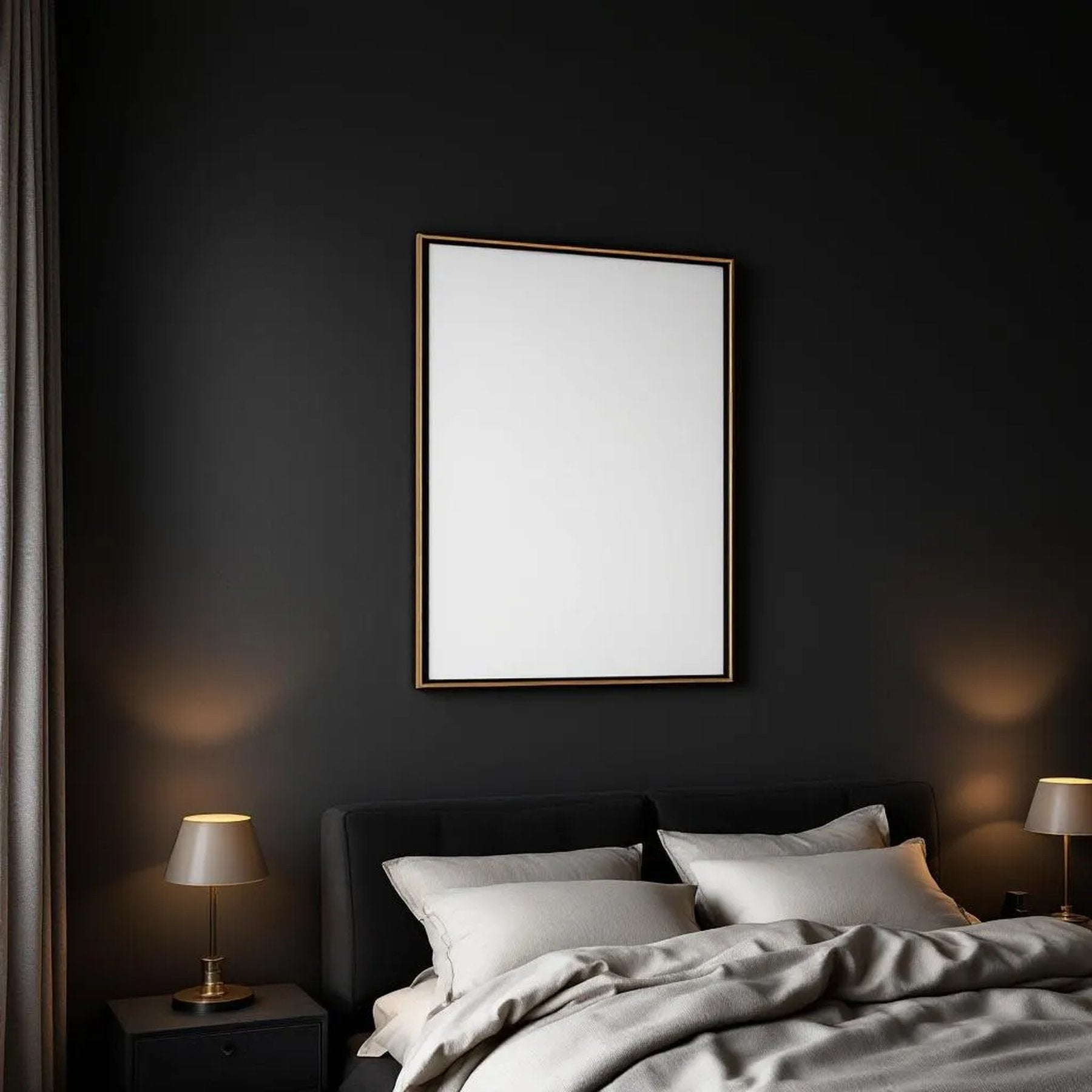 Dark Bedroom Styled Room Mockup — Plain Square Frame Portrait 2:3 — Left-Angled Perspective — #04550 | MockupBulk