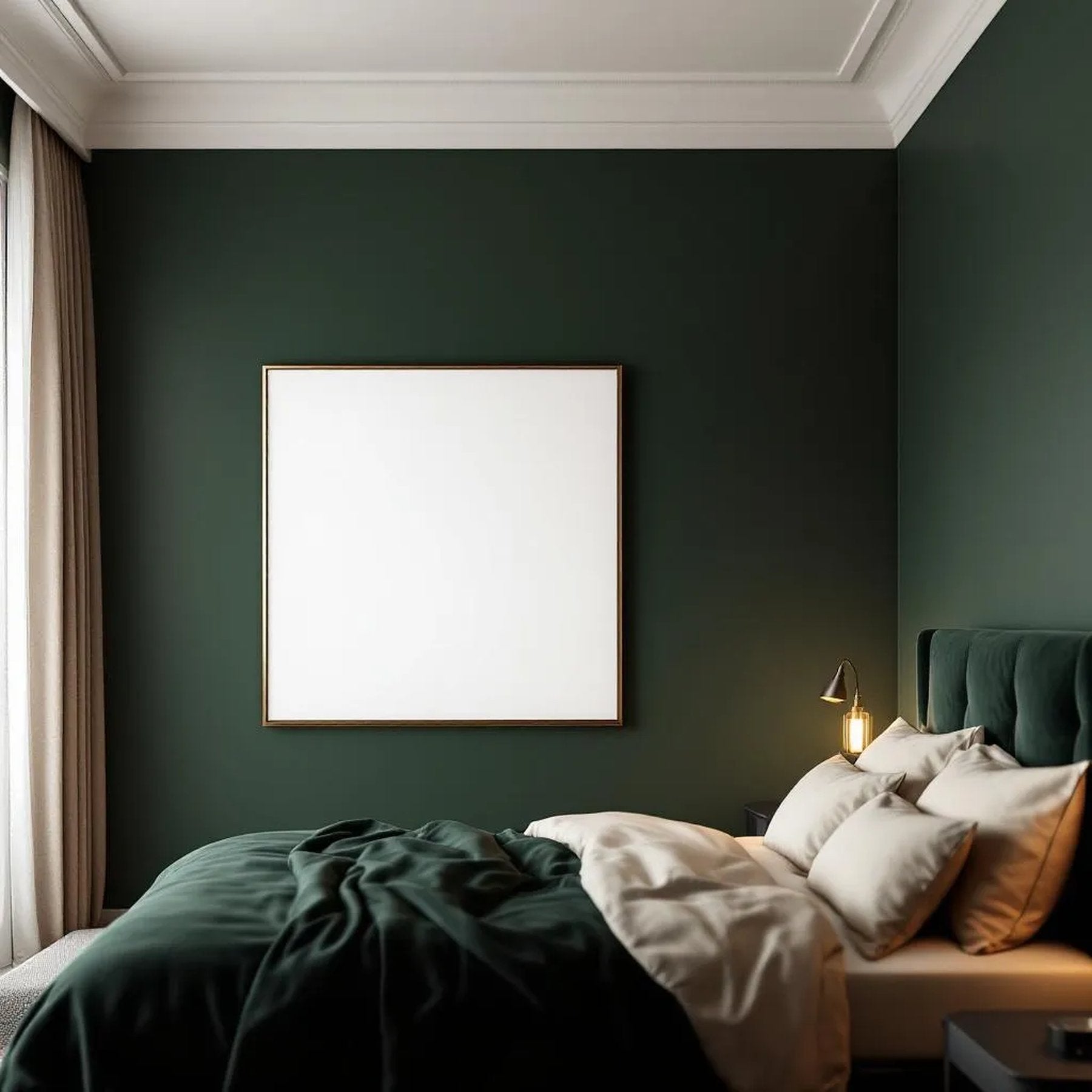 Dark Bedroom Lifestyle Frame Mockup — Plain Square Frame Square 1:1 — Left-Angled Perspective — #04551 | MockupBulk