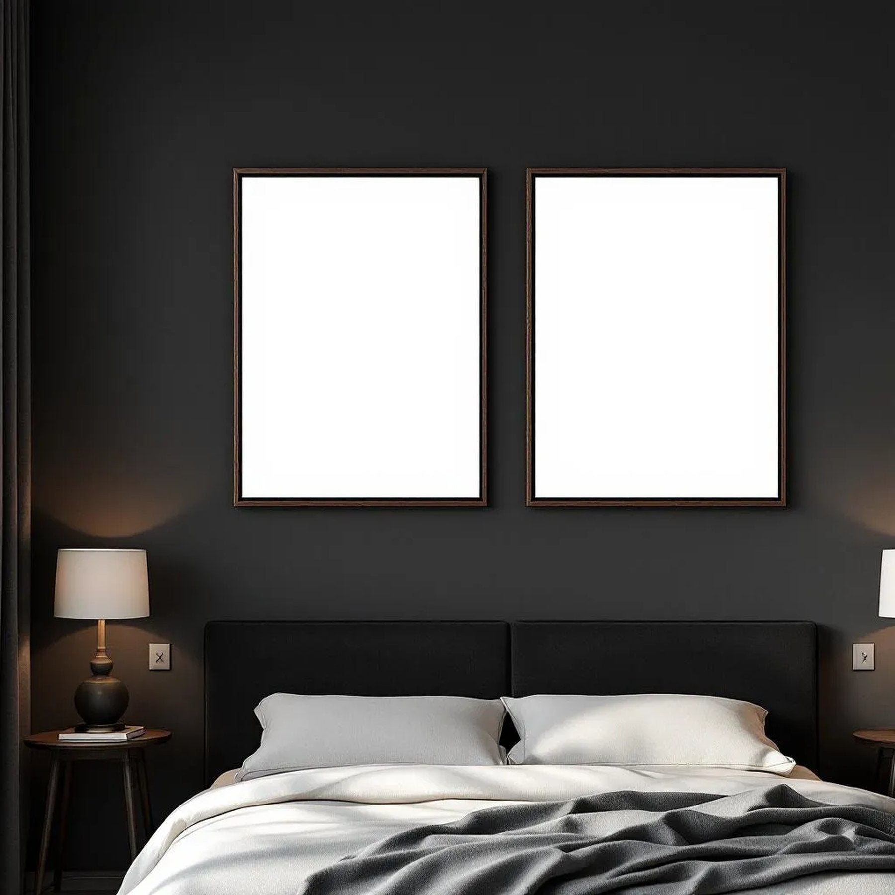 Dark Bedroom Styled Room Mockup — Plain Square Frame Portrait 2:3 — Left-Angled Perspective — #04553 | MockupBulk