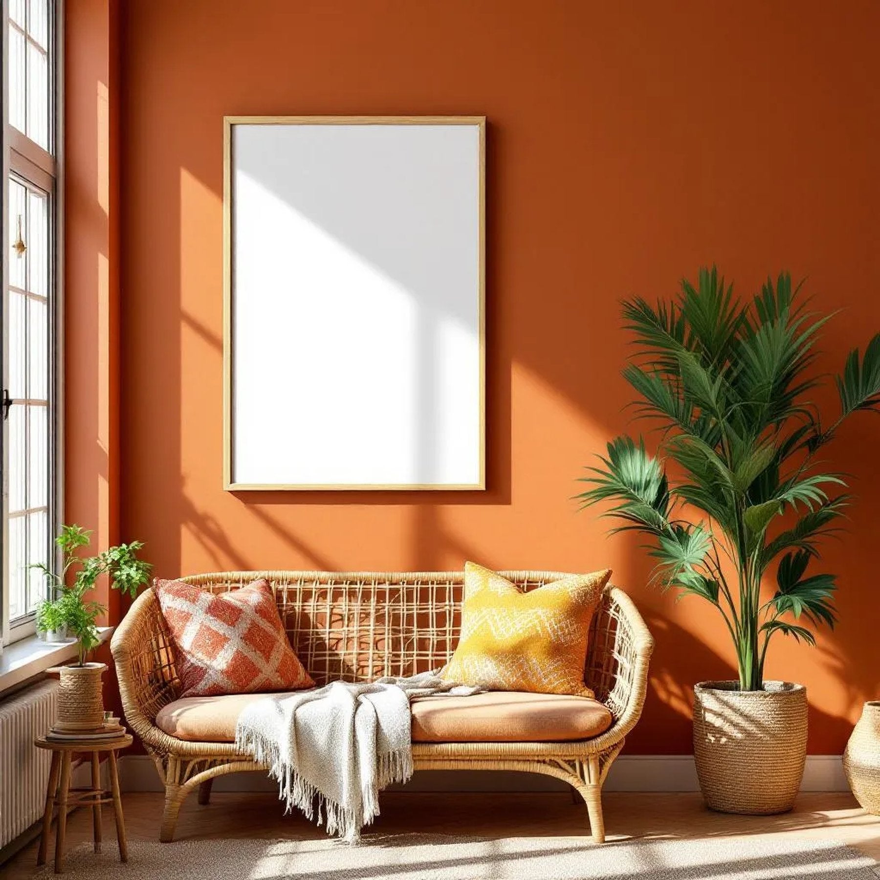 Boho Living Room Styled Room Mockup — Plain Square Frame Portrait 2:3 — Left-Angled Perspective — #04900 | MockupBulk