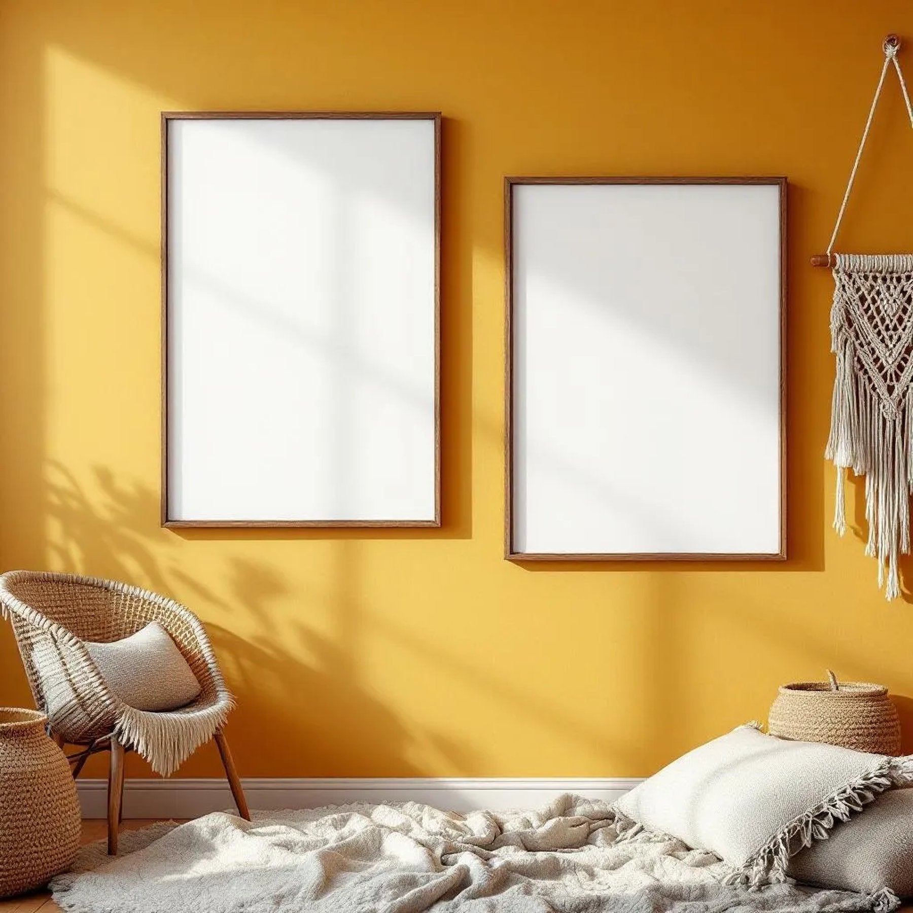 Boho Living Room Interior Frame Mockup — Plain Square Frame Portrait 2:3 — Left-Angled Perspective — #04901 | MockupBulk