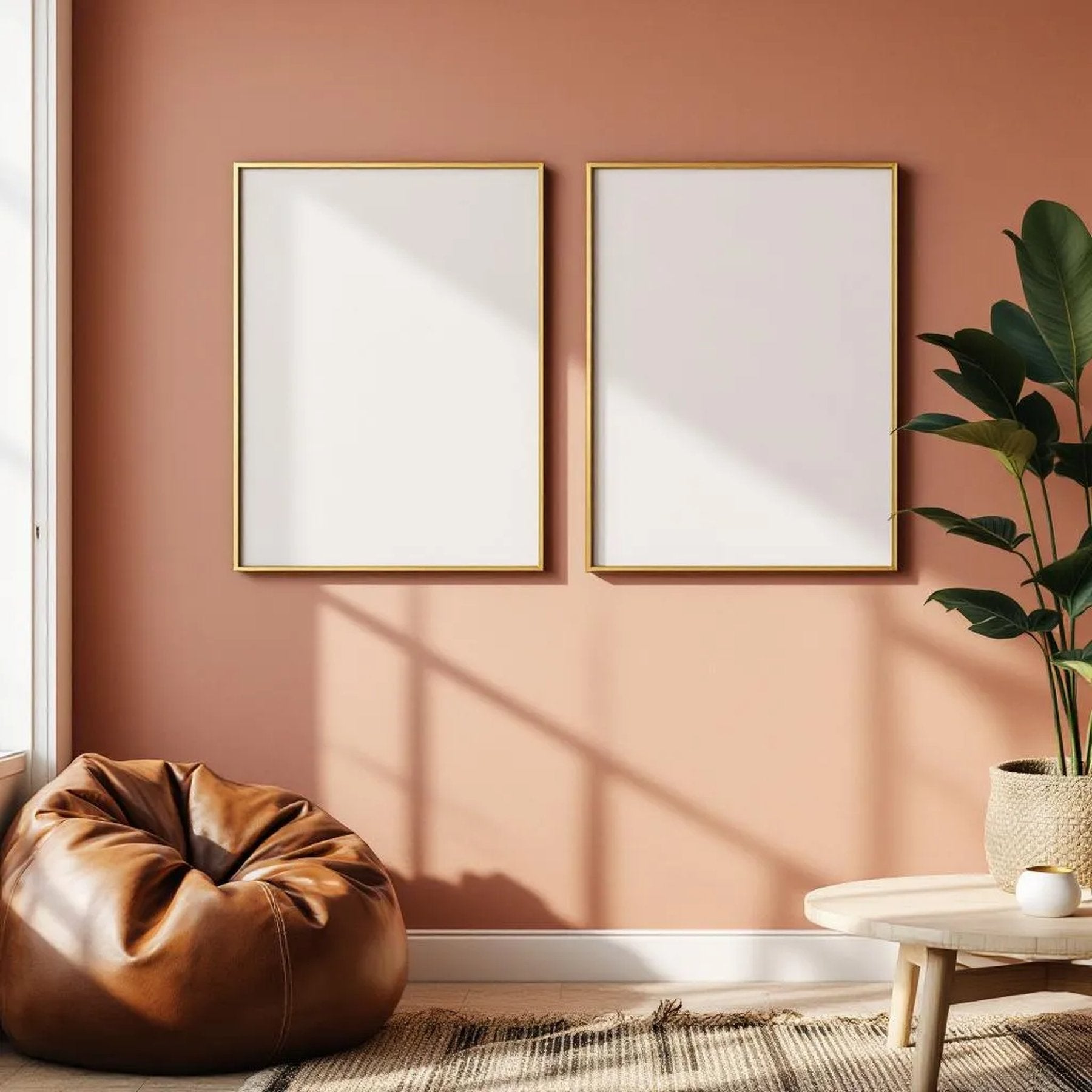 Boho Living Room Room Scene Mockup — Plain Square Frame Portrait 2:3 — Left-Angled Perspective — #04902 | MockupBulk