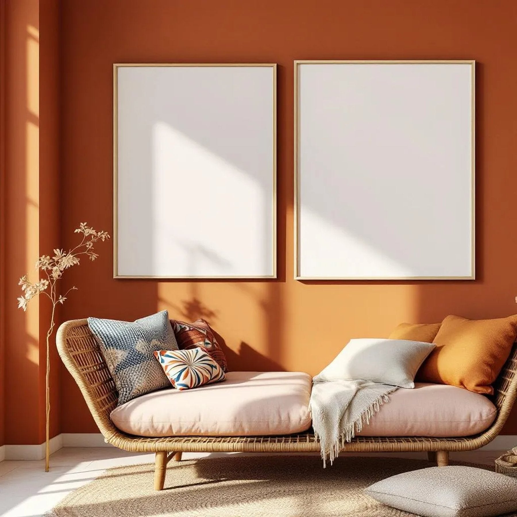 Boho Living Room Premium Interior Mockup — Plain Square Frame Portrait 2:3 — Left-Angled Perspective — #04903 | MockupBulk