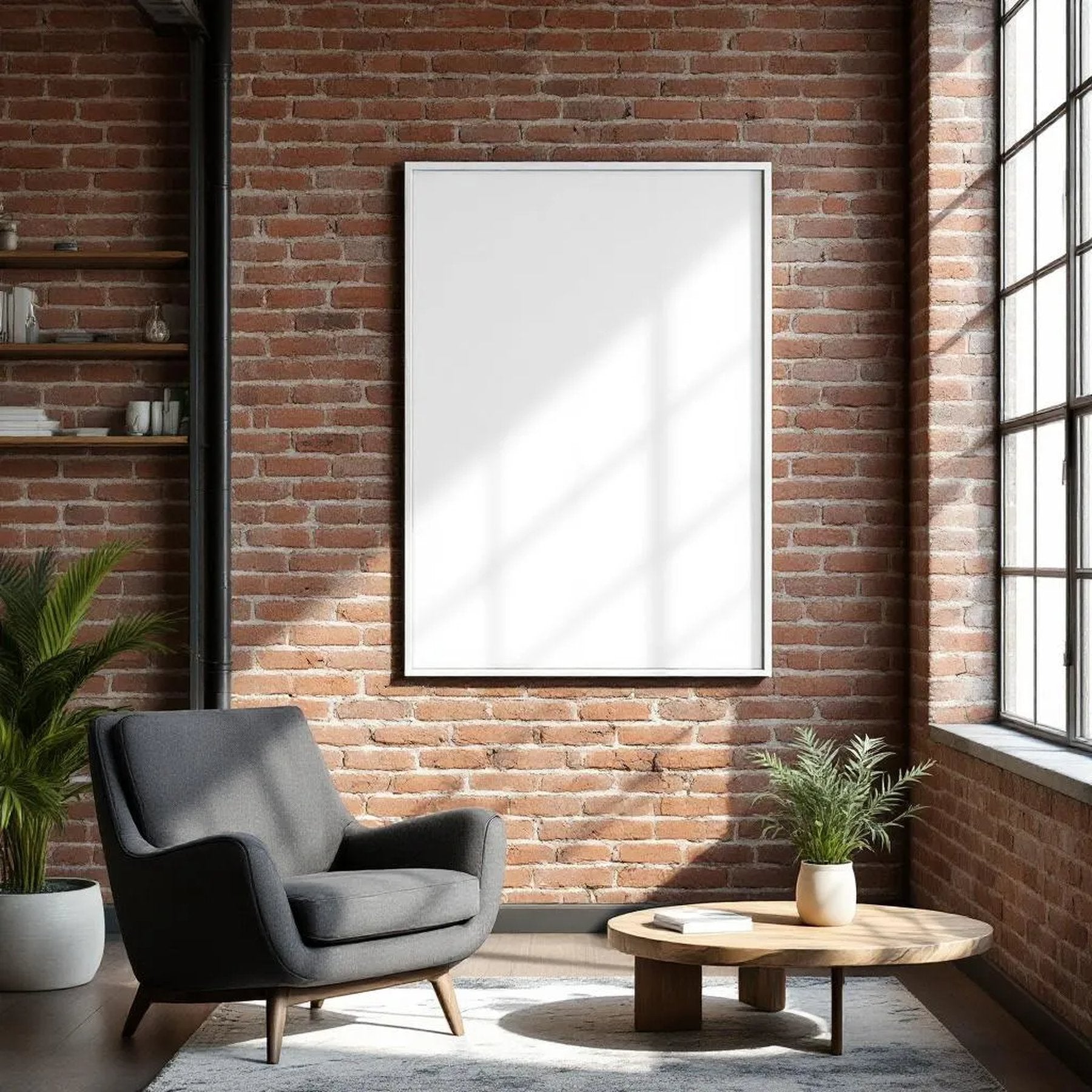 Industrial Loft Professional Frame Mockup — Plain Square Frame Portrait 2:3 — Left-Angled Perspective — #04499 | MockupBulk