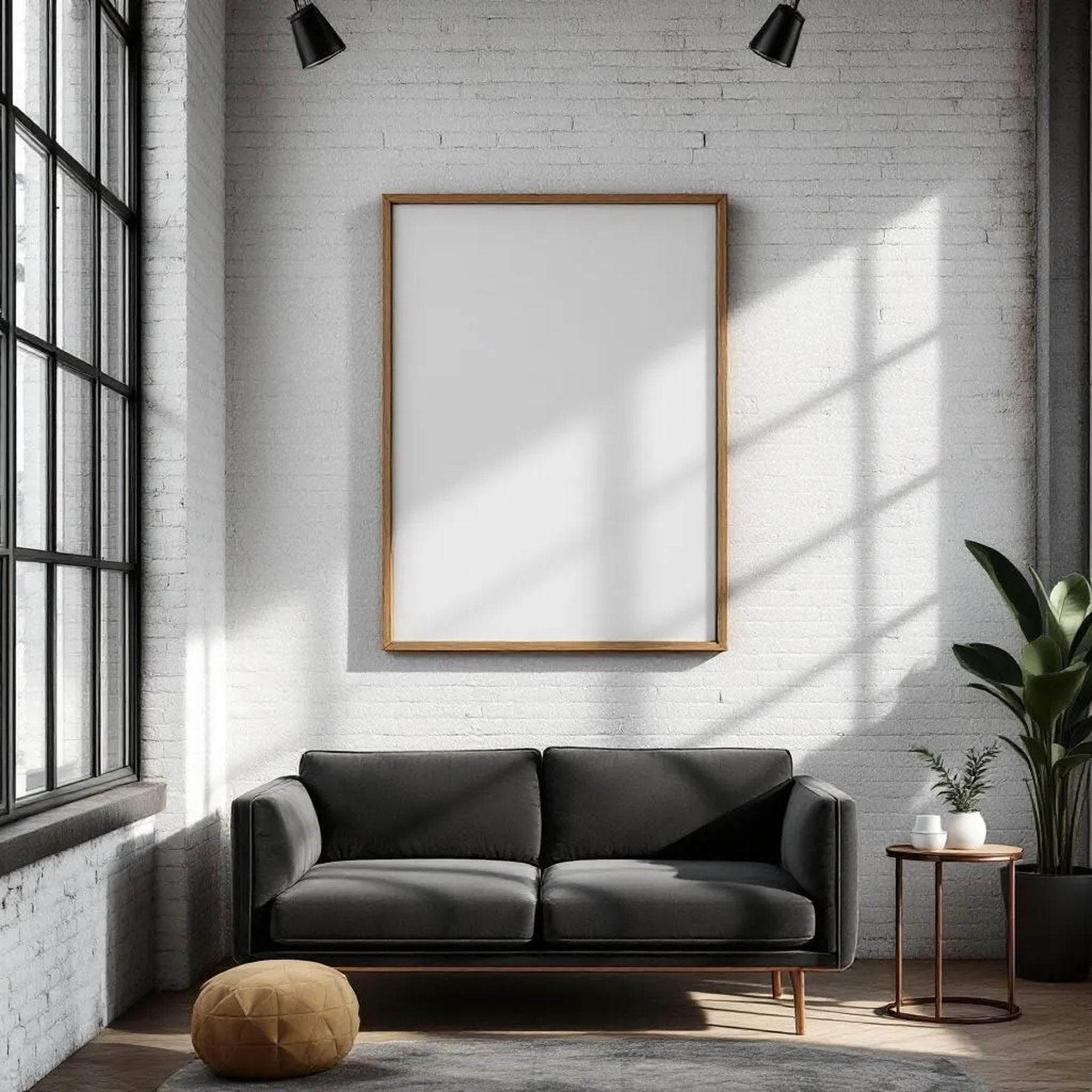 Industrial Loft Styled Room Mockup — Plain Square Frame Portrait 2:3 — Left-Angled Perspective — #04500 | MockupBulk