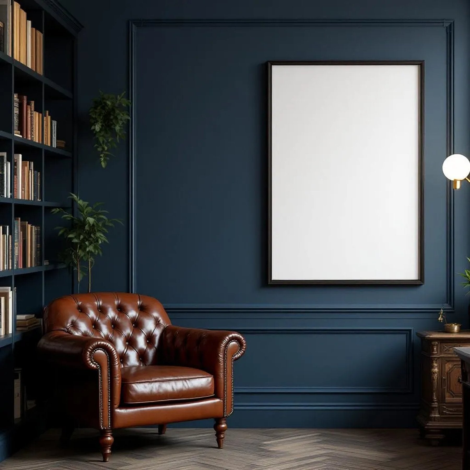 Library & Study Premium Interior Mockup — Plain Square Frame Portrait 2:3 — Left-Angled Perspective — #04849 | MockupBulk