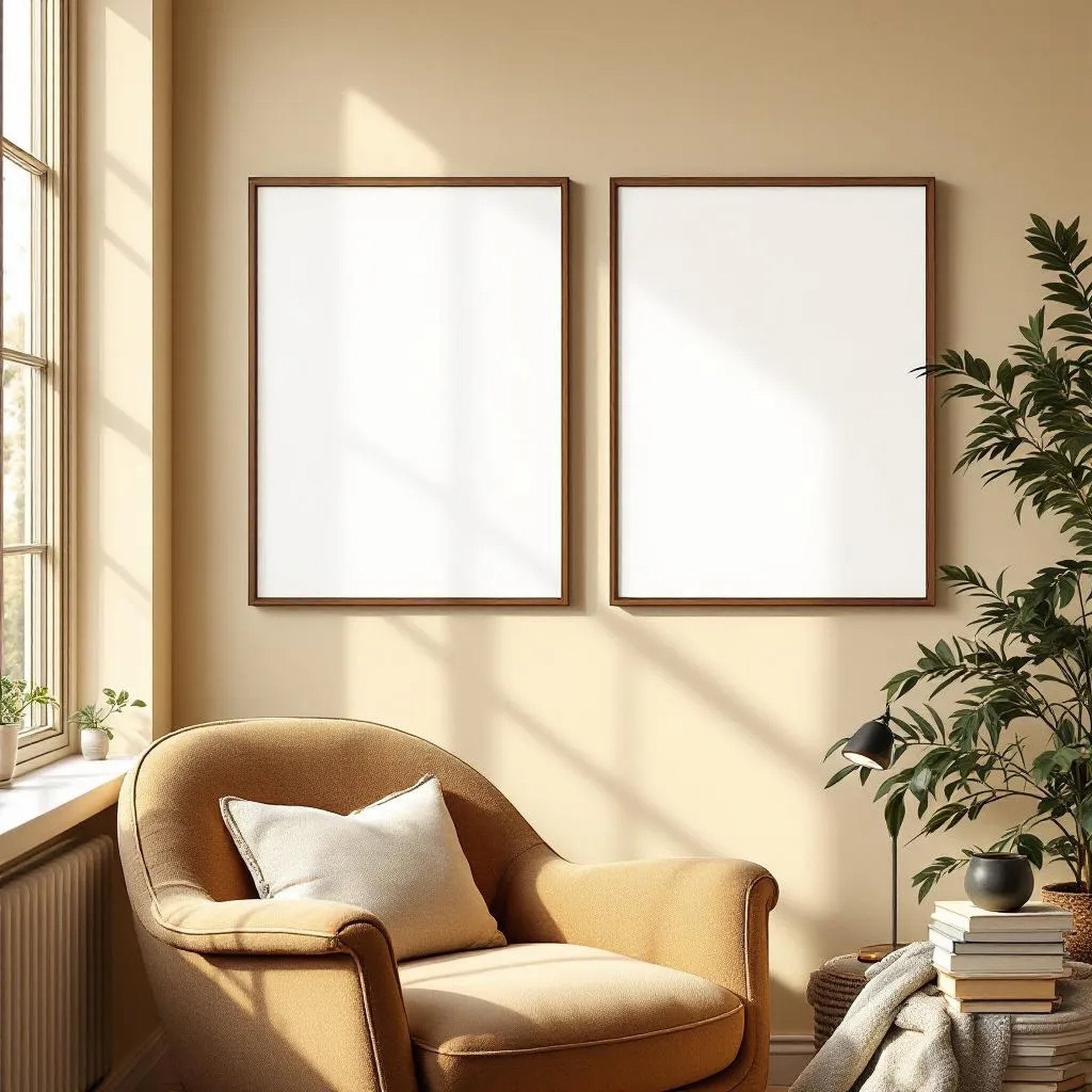 Reading Nook Editorial Room Mockup — Plain Square Frame Portrait 2:3 — Left-Angled Perspective — #04777 | MockupBulk