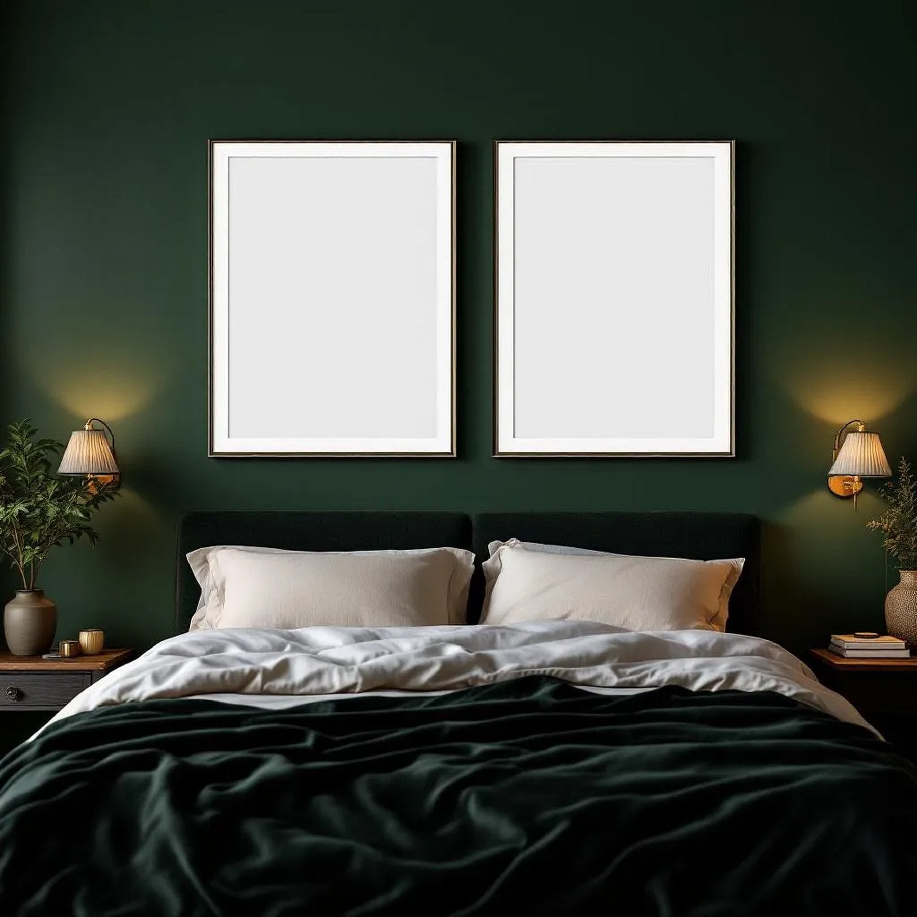 Dark Bedroom Interior Frame Mockup — Plain Square Frame Landscape 3:4 — Perspective View — #04563 | MockupBulk