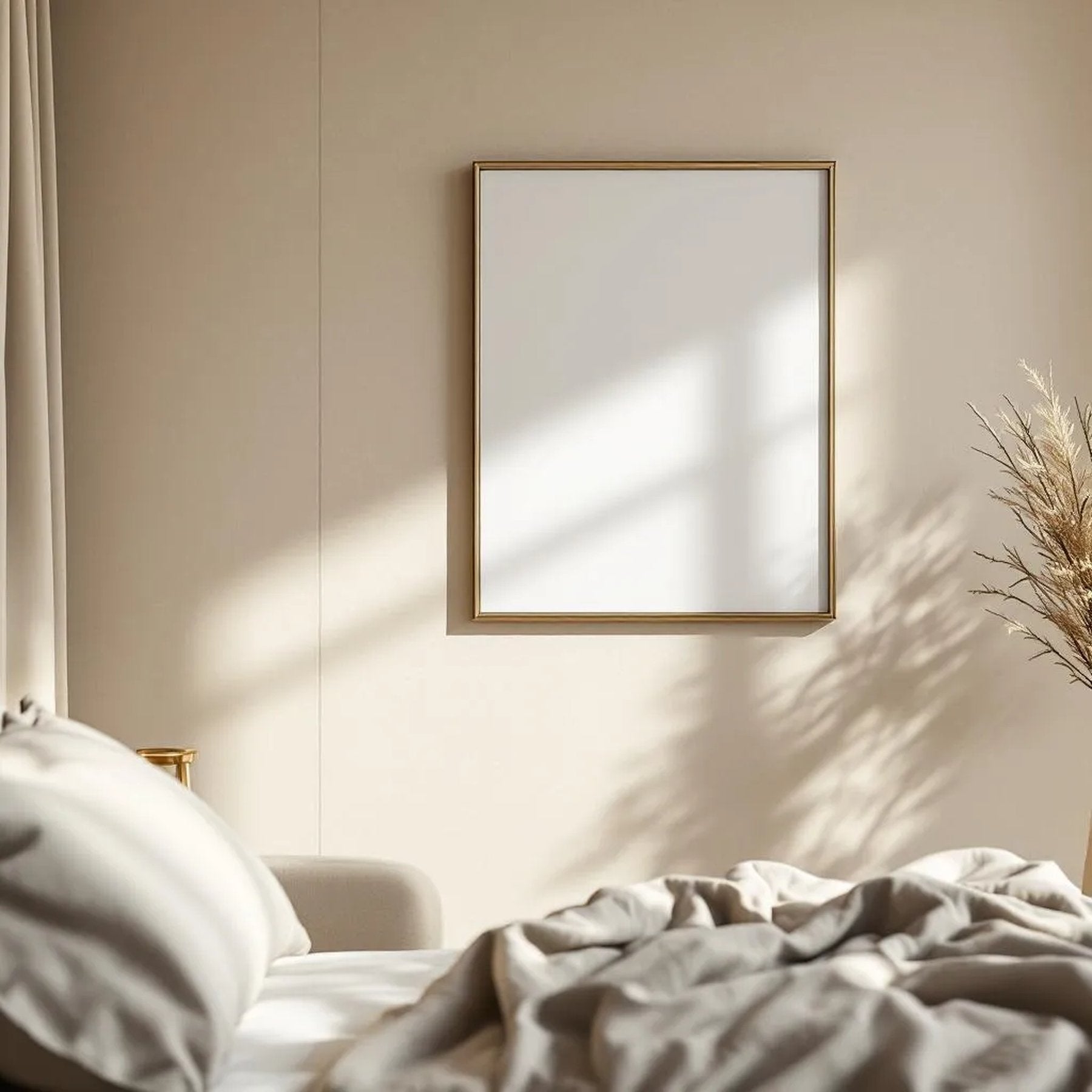White Bedroom Editorial Room Mockup — Plain Square Frame Landscape 3:4 — Perspective View — #04535 | MockupBulk