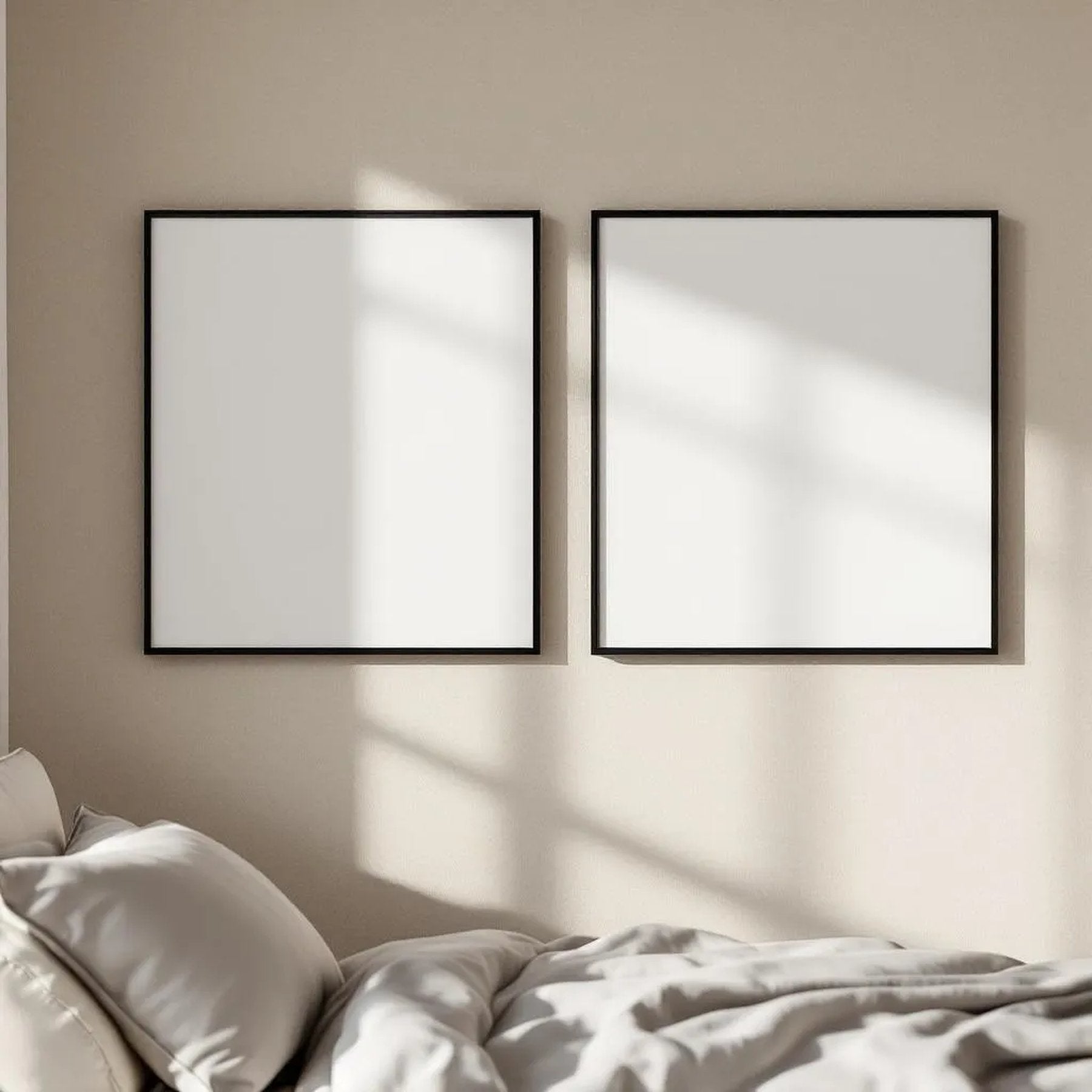 White Bedroom Editorial Room Mockup — Plain Square Frame Portrait 2:3 — Perspective View — #04538 | MockupBulk