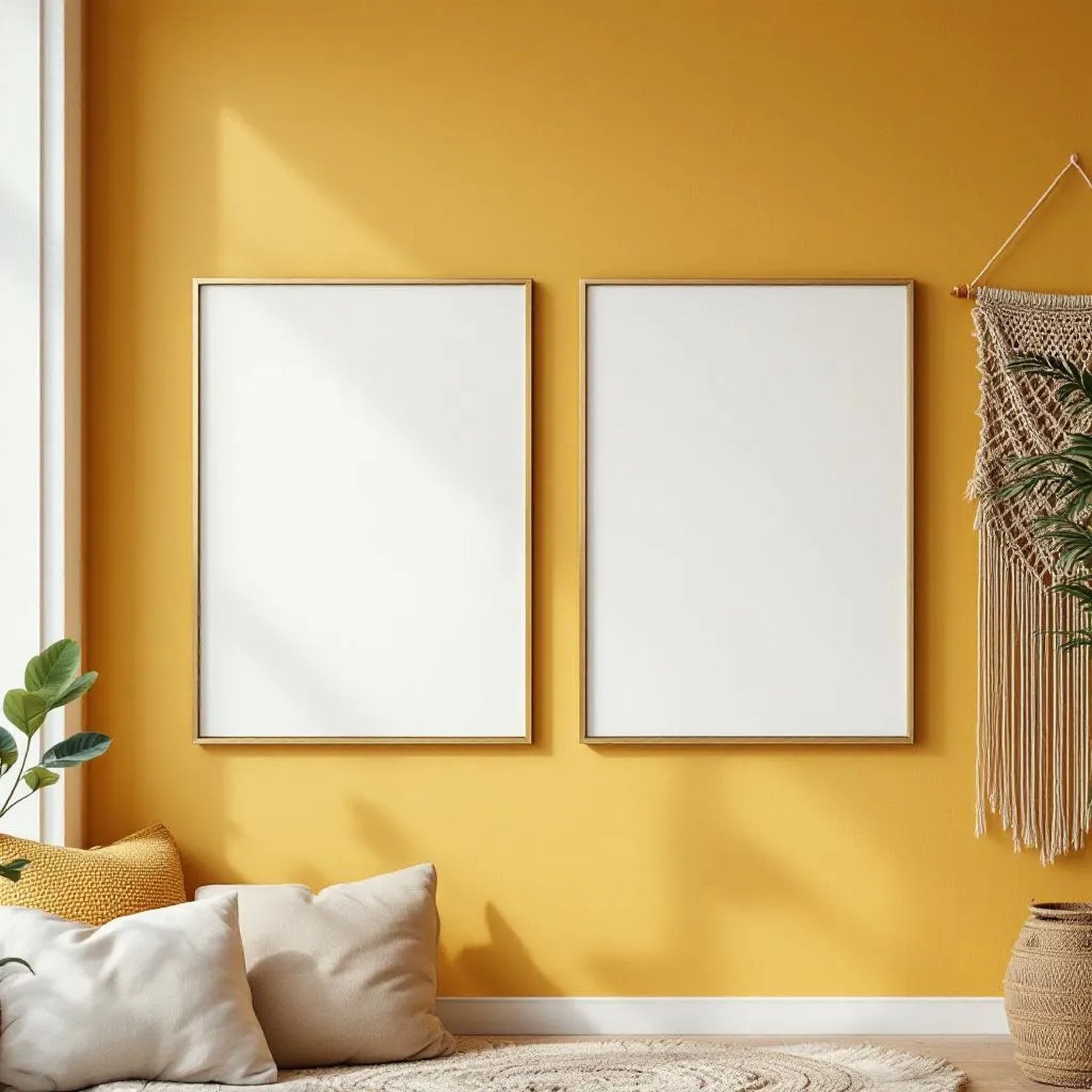 Boho Living Room Styled Room Mockup — Plain Square Frame Portrait 2:3 — Perspective View — #04910 | MockupBulk