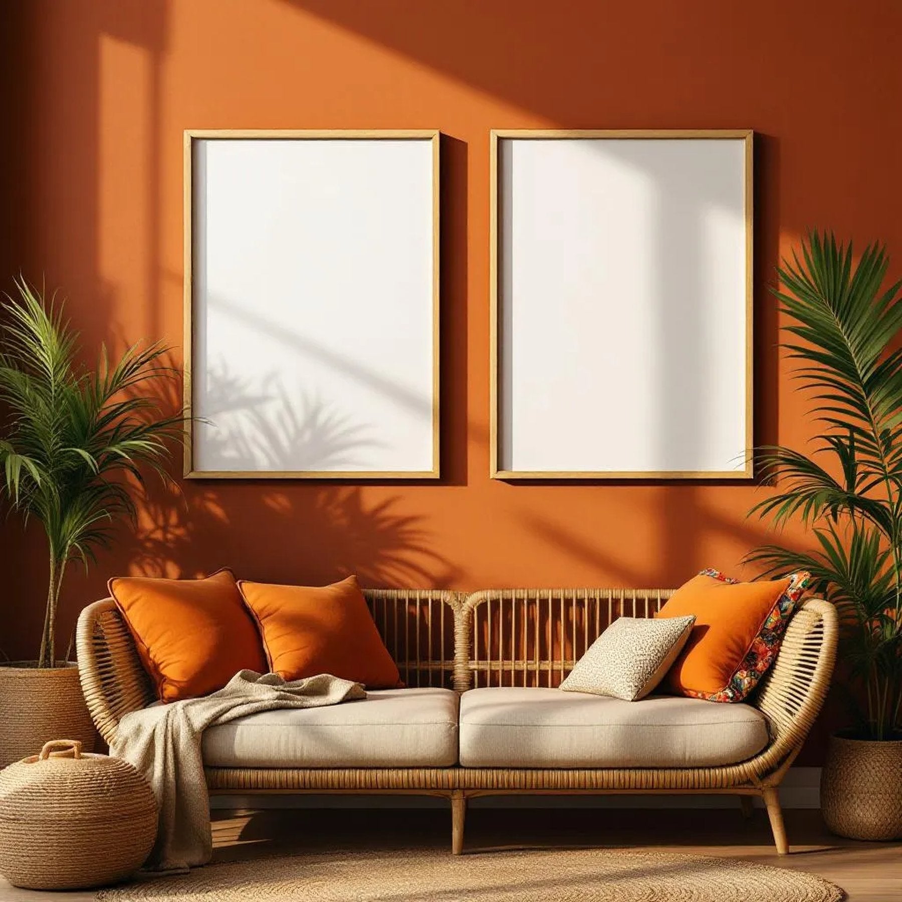 Boho Living Room Room Scene Mockup — Plain Square Frame Portrait 2:3 — Perspective View — #04912 | MockupBulk