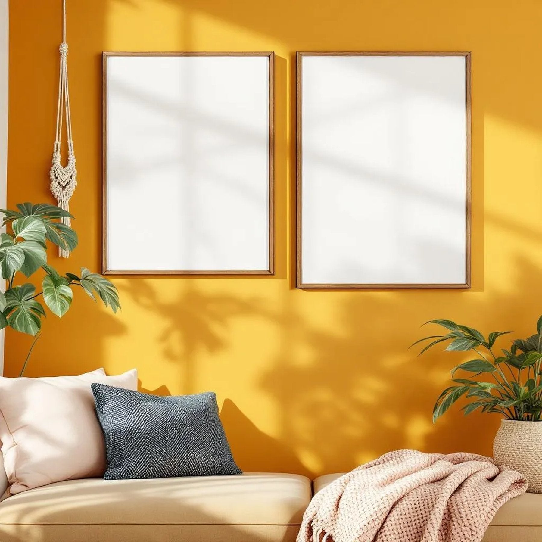 Boho Living Room Premium Interior Mockup — Plain Square Frame Portrait 2:3 — Perspective View — #04913 | MockupBulk