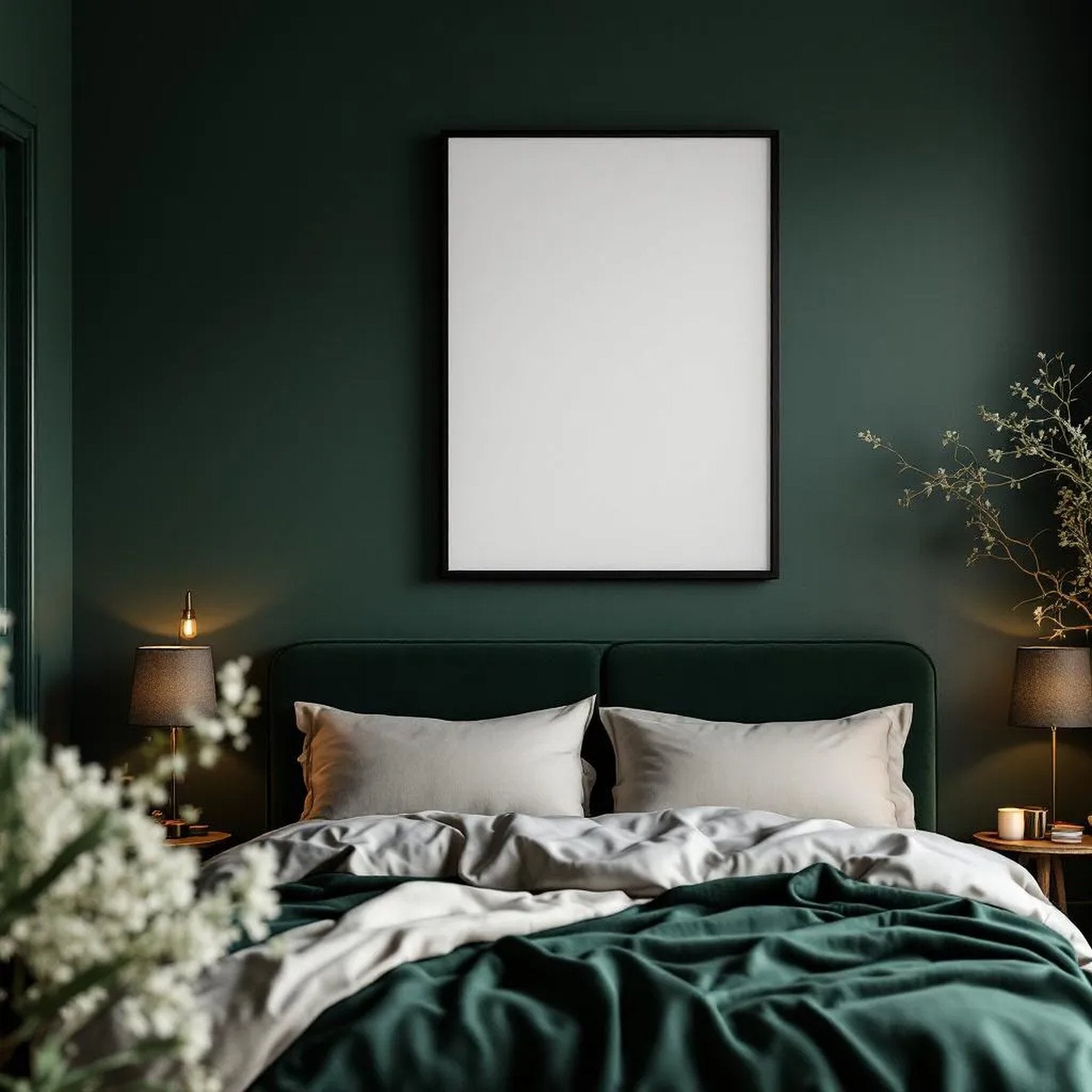Dark Bedroom Editorial Room Mockup — Plain Square Frame Portrait 2:3 — Right-Angled Perspective — #04554 | MockupBulk