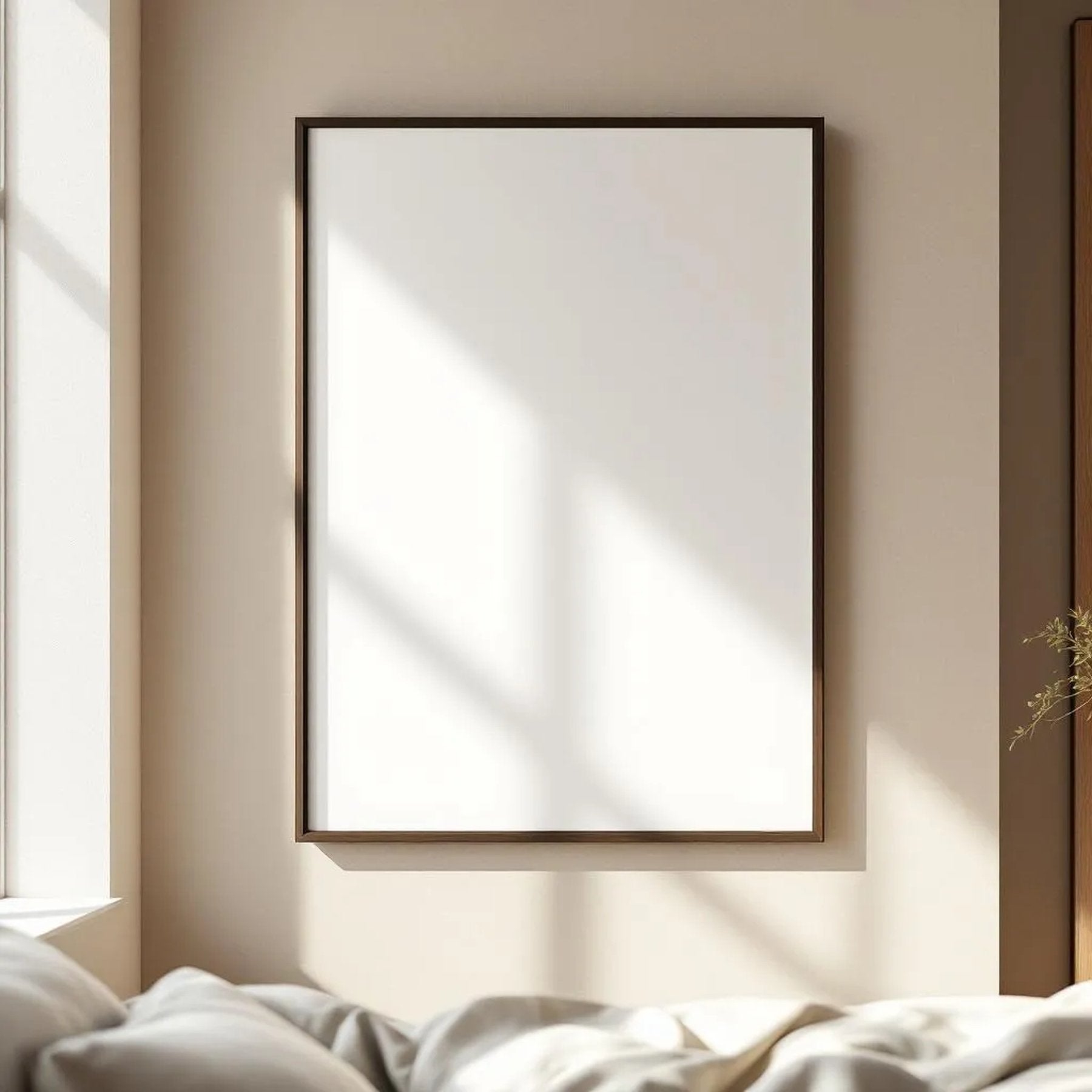 White Bedroom Interior Frame Mockup — Plain Square Frame Portrait 2:3 — Right-Angled Perspective — #04529 | MockupBulk
