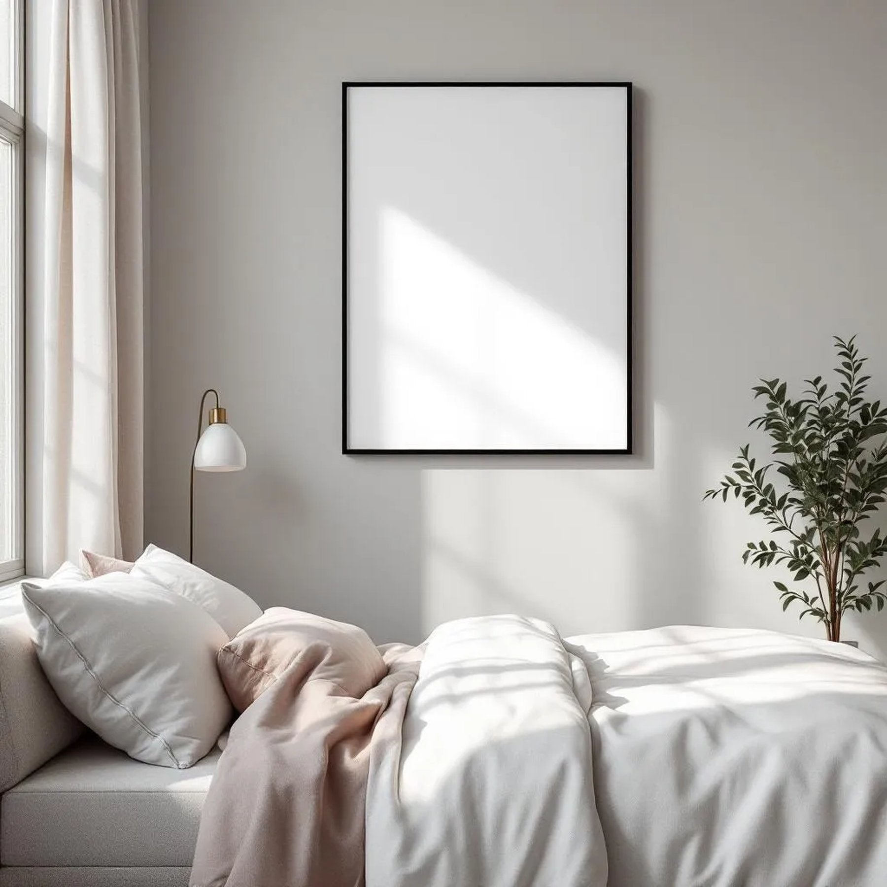 White Bedroom Lifestyle Frame Mockup — Plain Square Frame Portrait 2:3 — Right-Angled Perspective — #04530 | MockupBulk