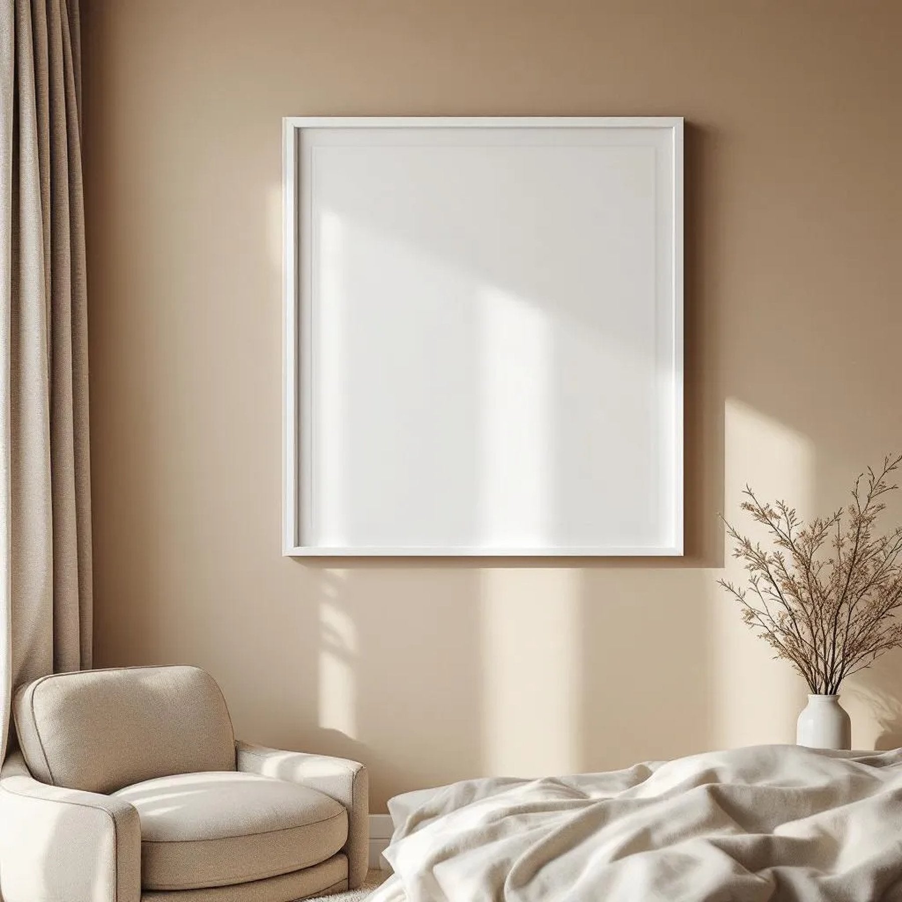 White Bedroom Frame Display Mockup — Plain Square Frame Portrait 2:3 — Right-Angled Perspective — #04531 | MockupBulk