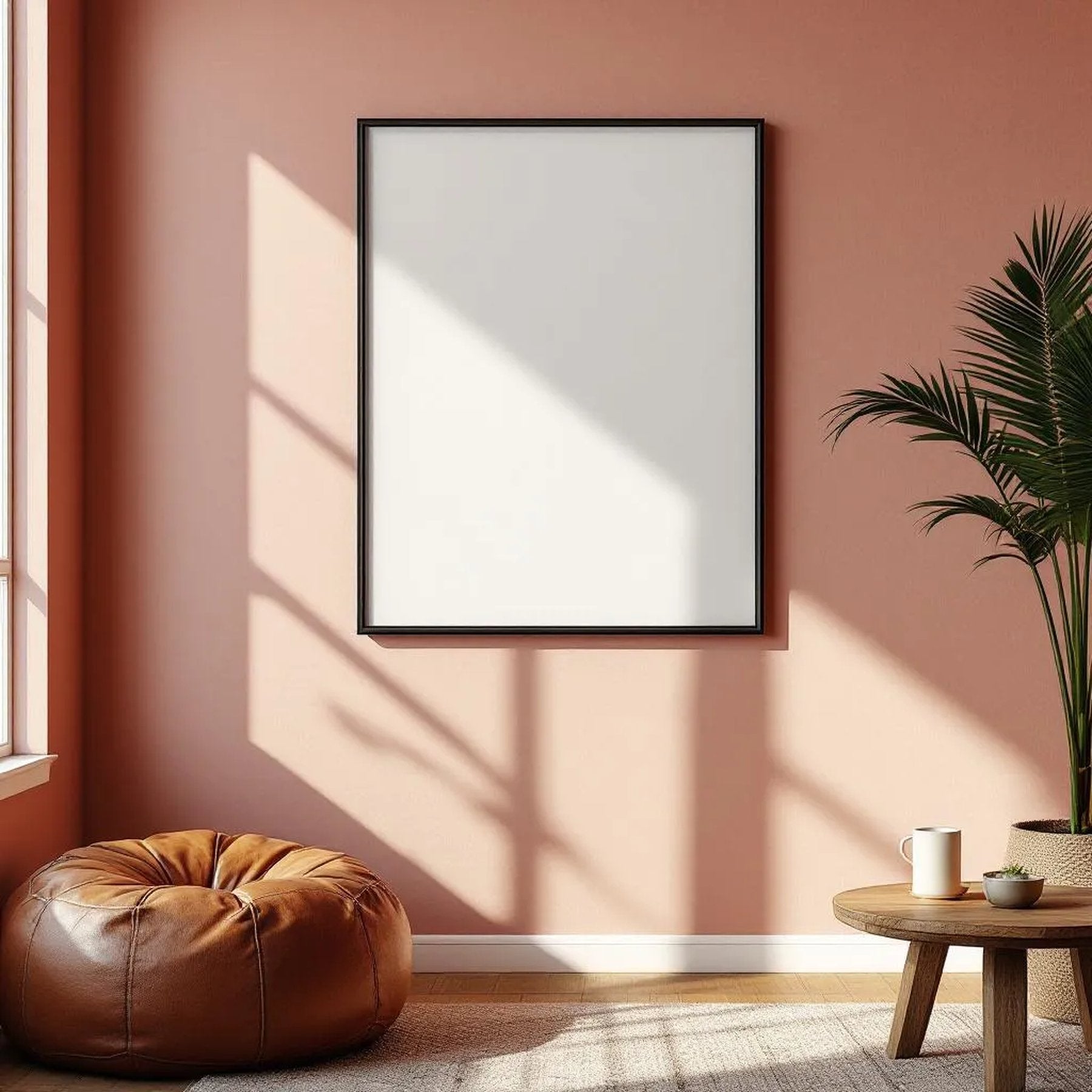 Boho Living Room High-Res Frame Mockup — Plain Square Frame Portrait 2:3 — Right-Angled Perspective — #04905 | MockupBulk