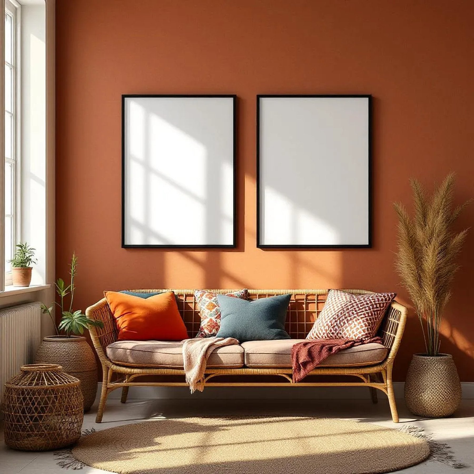 Boho Living Room High-Res Frame Mockup — Plain Square Frame Portrait 2:3 — Right-Angled Perspective — #04906 | MockupBulk