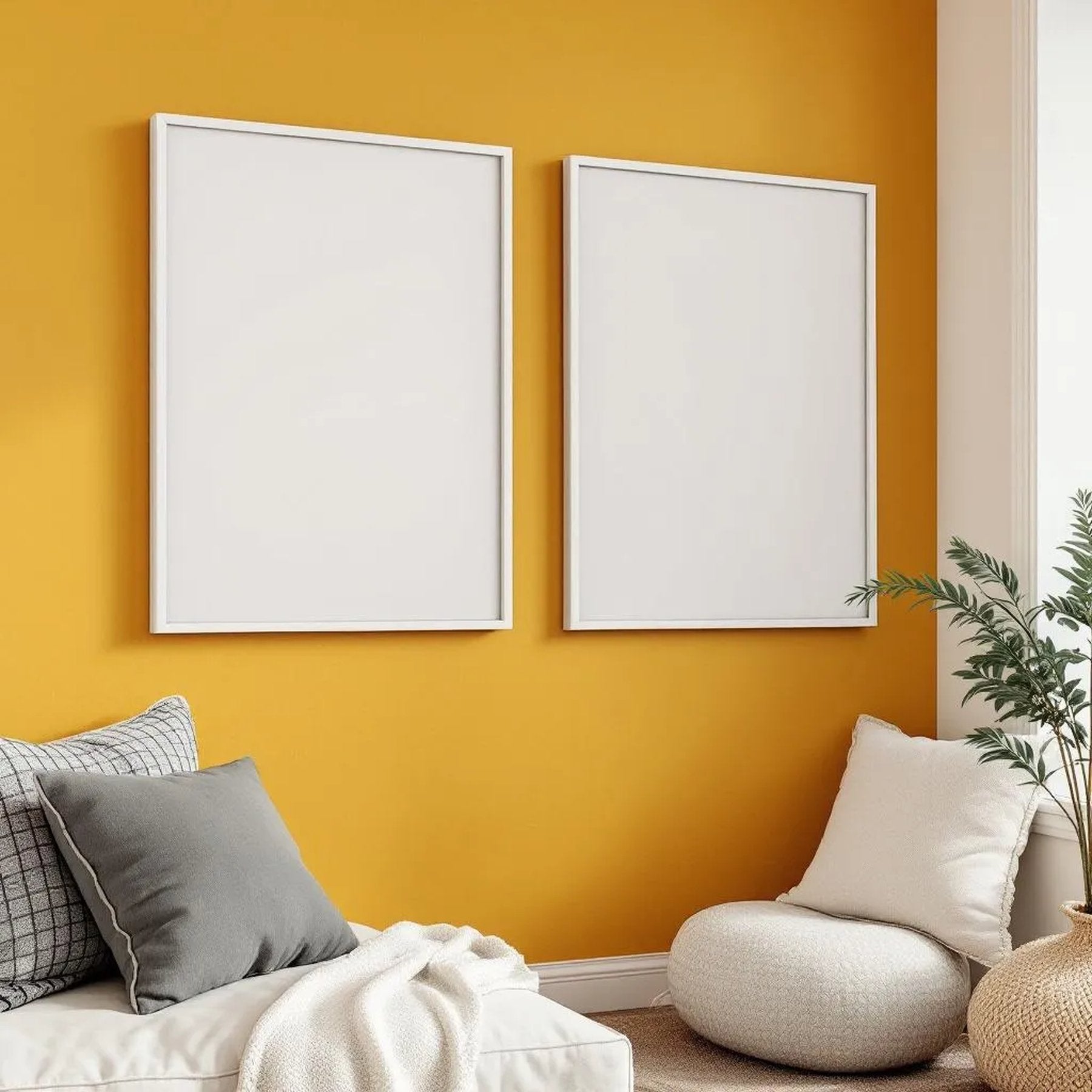 Boho Living Room Frame Display Mockup — Plain Square Frame Portrait 2:3 — Right-Angled Perspective — #04907 | MockupBulk