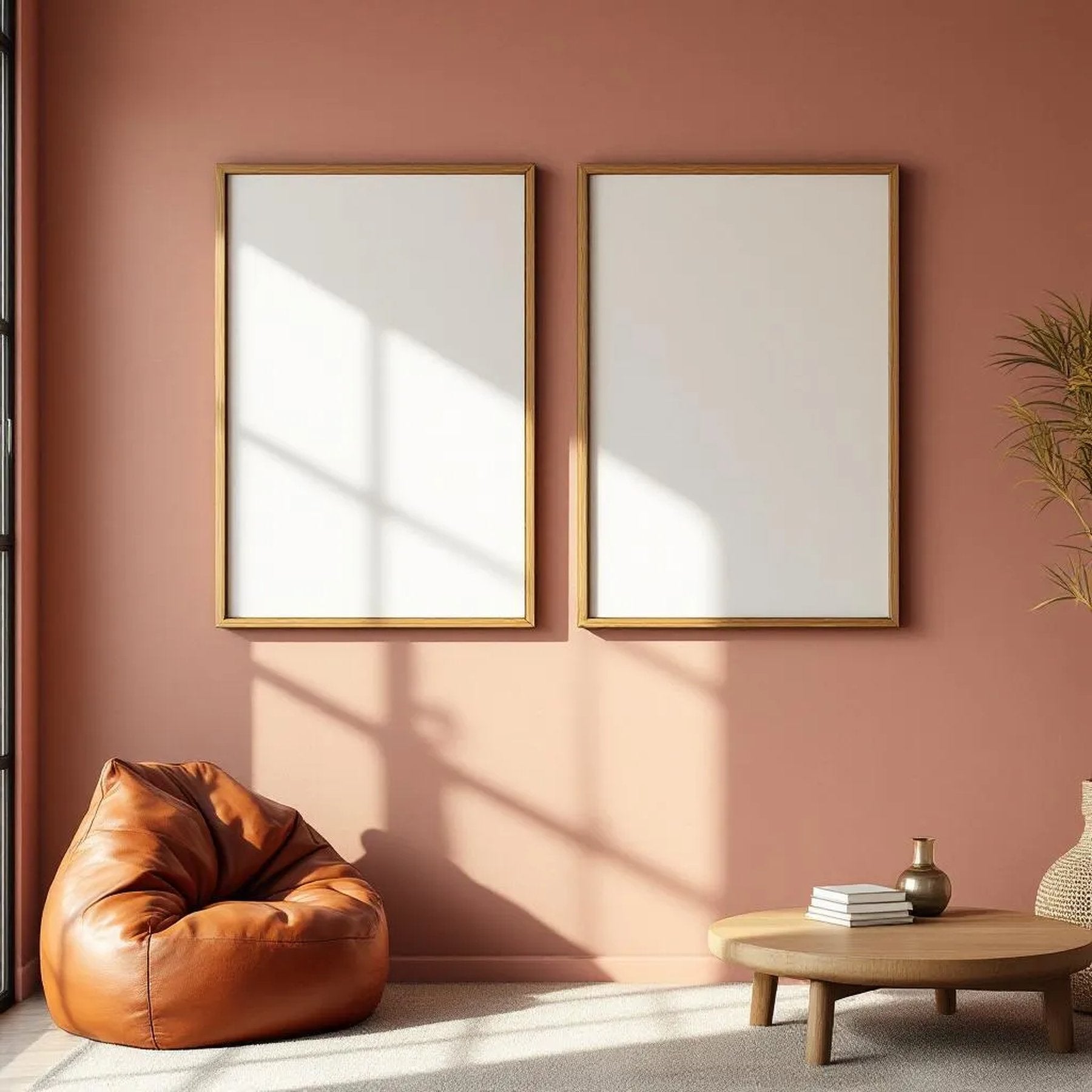 Boho Living Room Frame Display Mockup — Plain Square Frame Portrait 2:3 — Right-Angled Perspective — #04908 | MockupBulk