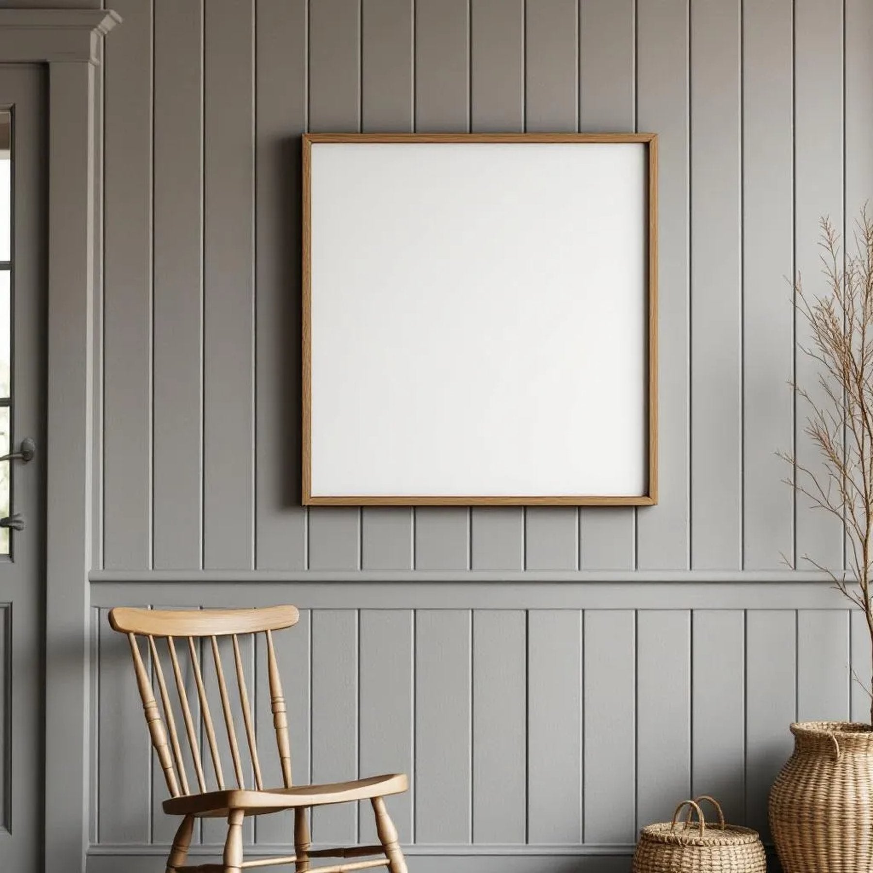 Farmhouse Styled Room Mockup — Plain Square Frame Square 1:1 — Right-Angled Perspective — #04956 | MockupBulk