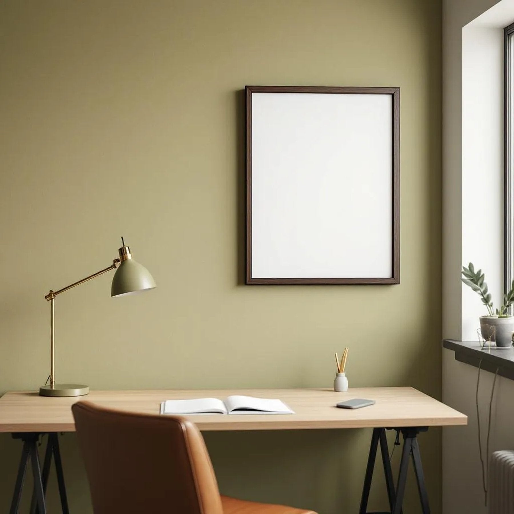 Home Office Lifestyle Frame Mockup — Plain Square Frame Portrait 2:3 — Right-Angled Perspective — #04705 | MockupBulk