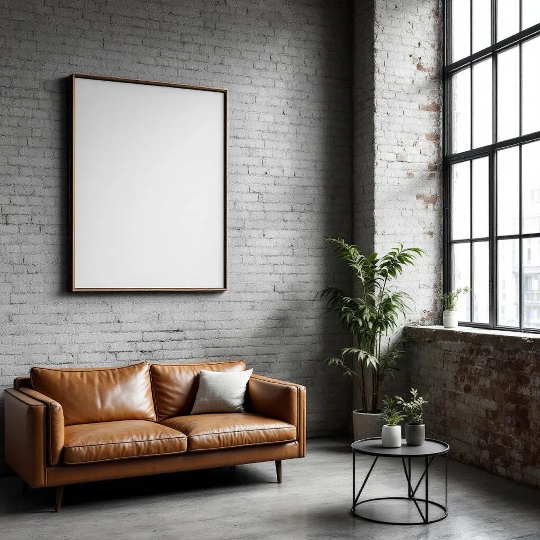 Industrial Loft Room Scene Mockup — Plain Square Frame Portrait 5:7 — Right-Angled Perspective — #04504 | MockupBulk