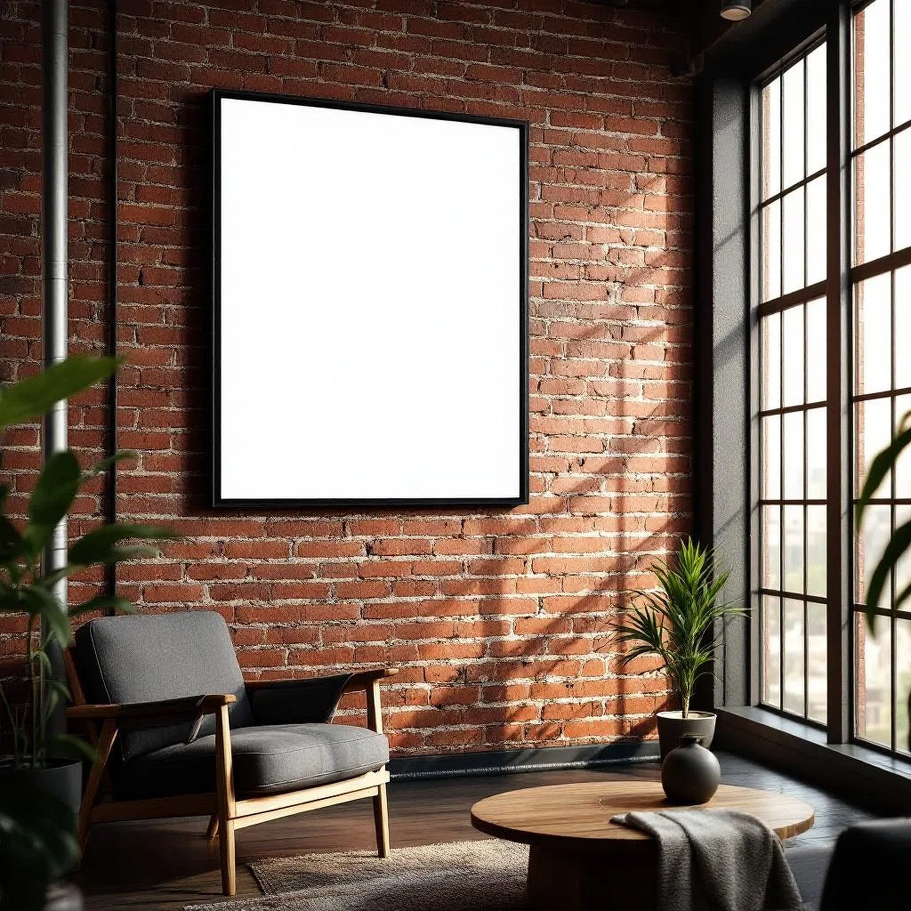 Industrial Loft Editorial Room Mockup — Plain Square Frame Landscape 3:4 — Right-Angled Perspective — #04505 | MockupBulk