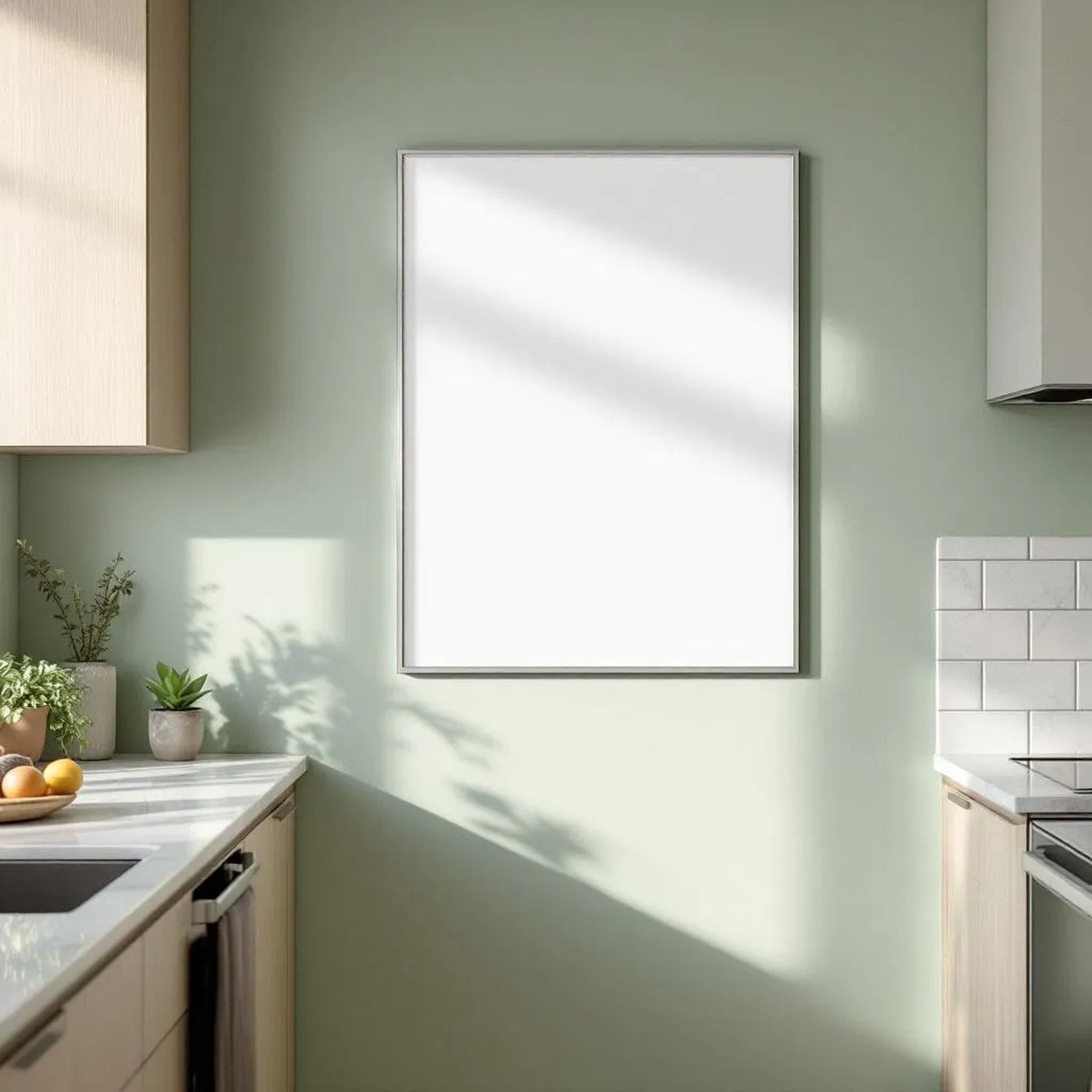 Modern Kitchen Editorial Room Mockup — Plain Square Frame Portrait 2:3 — Right-Angled Perspective — #04879 | MockupBulk