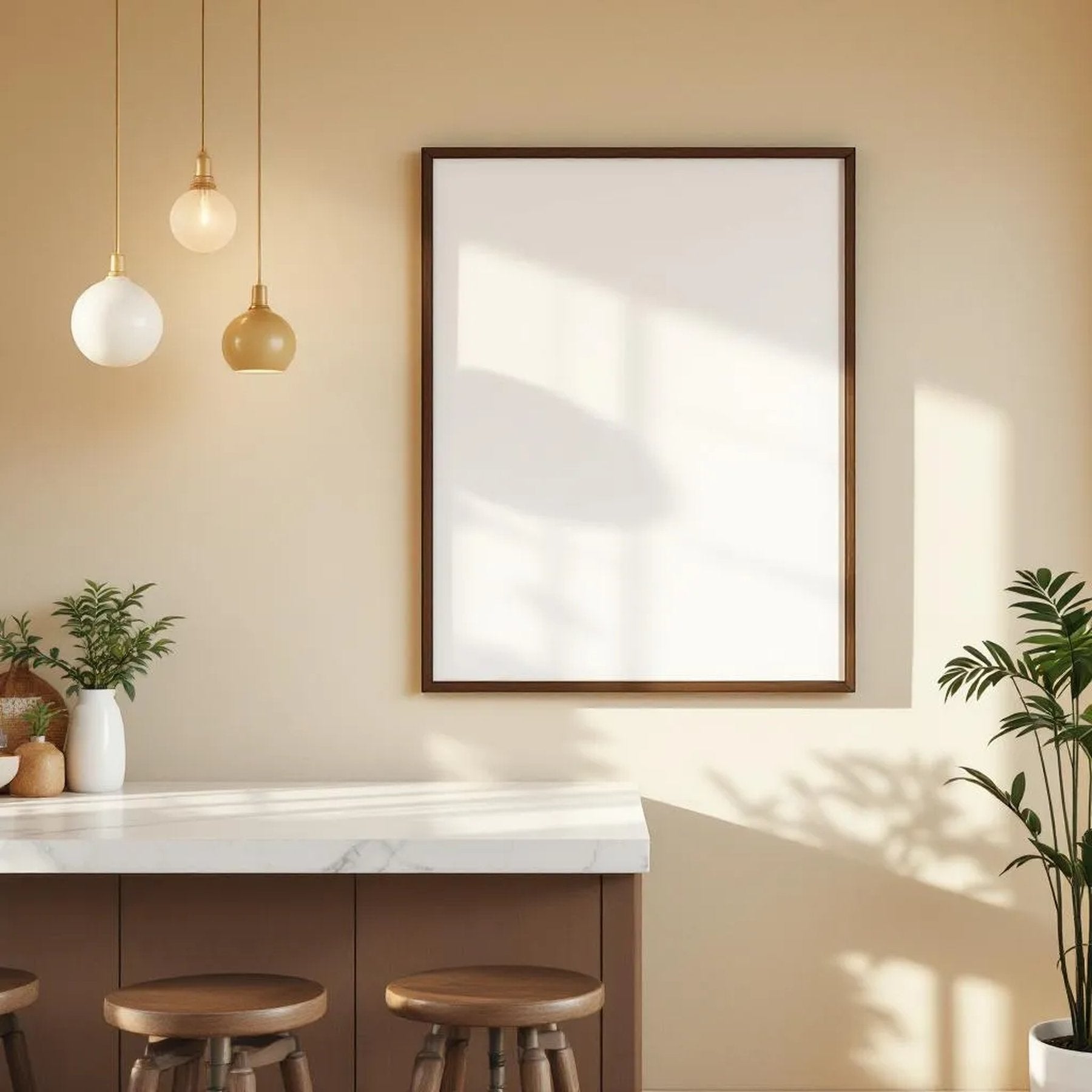 Modern Kitchen Premium Interior Mockup — Plain Square Frame A-Series (A4 / A3) — Right-Angled Perspective — #04881 | MockupBulk