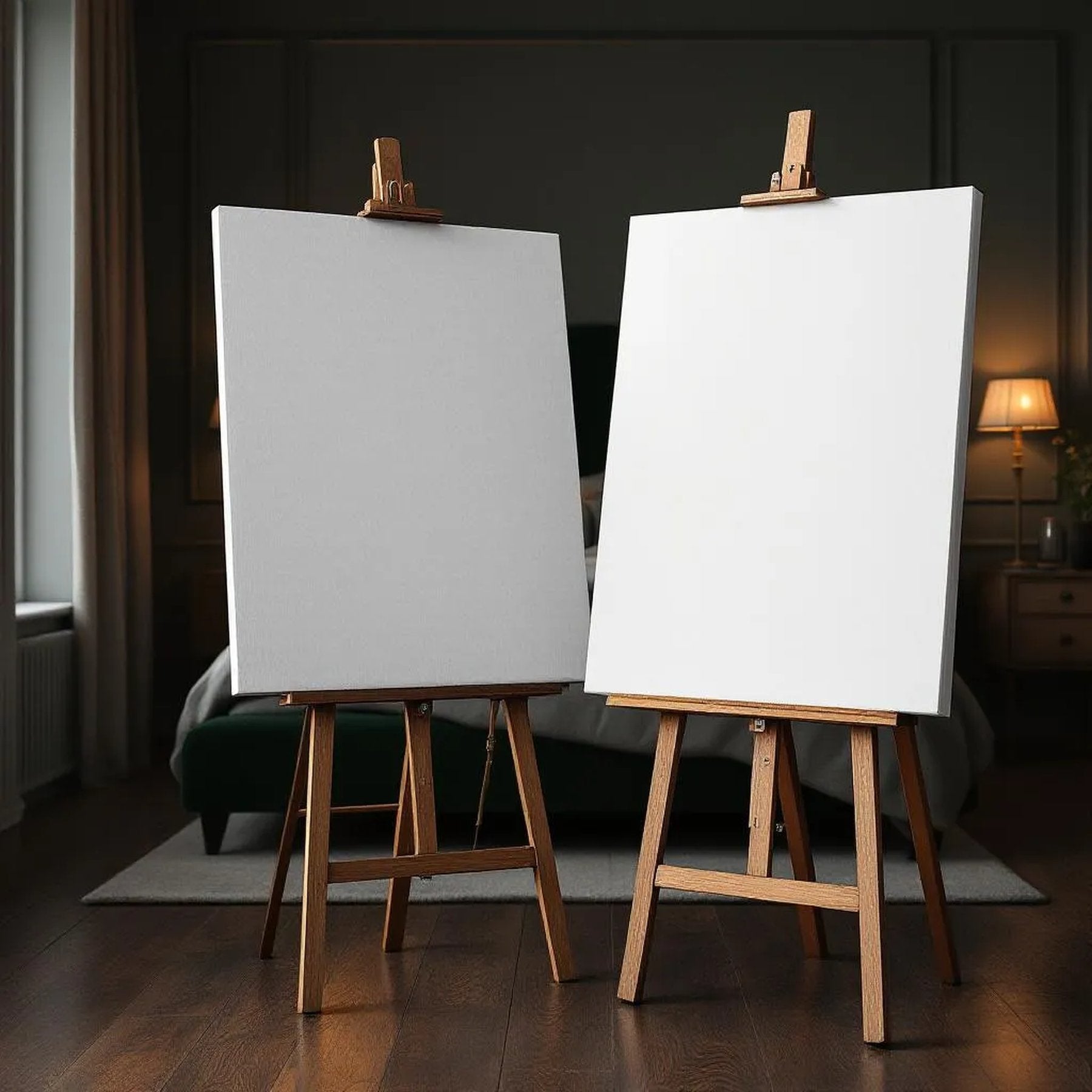 Dark Bedroom Interior Frame Mockup — Plain Square Frame Portrait 5:7 — Perspective View — #02802 | MockupBulk