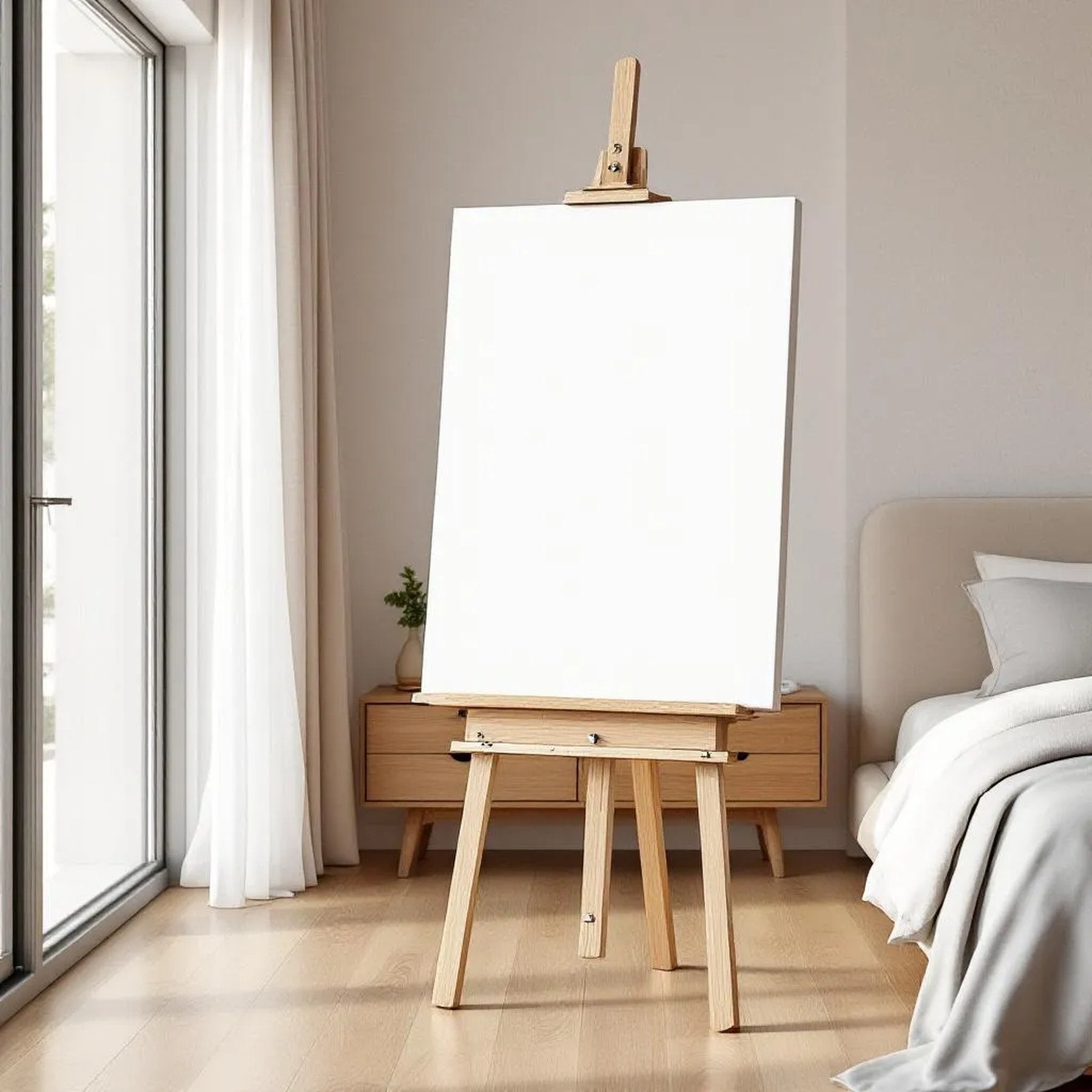White Bedroom Wall Art Mockup — Plain Square Frame Portrait 2:3 — Perspective View — #02774 | MockupBulk