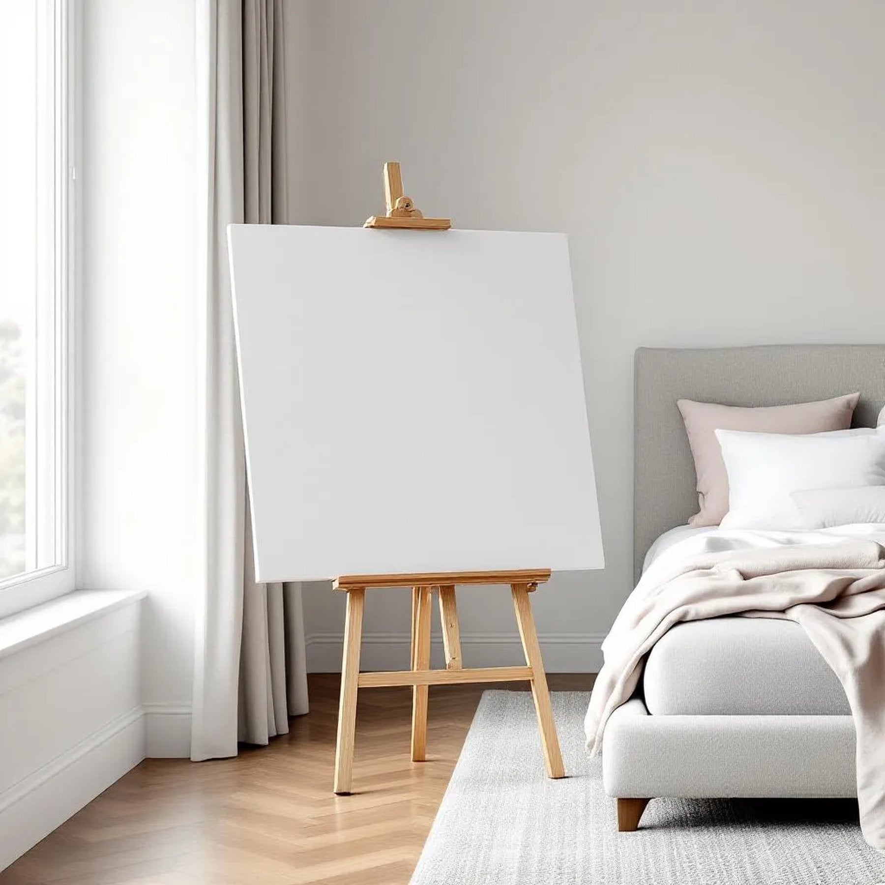 White Bedroom Interior Frame Mockup — Plain Square Frame Portrait 2:3 — Perspective View — #02775 | MockupBulk