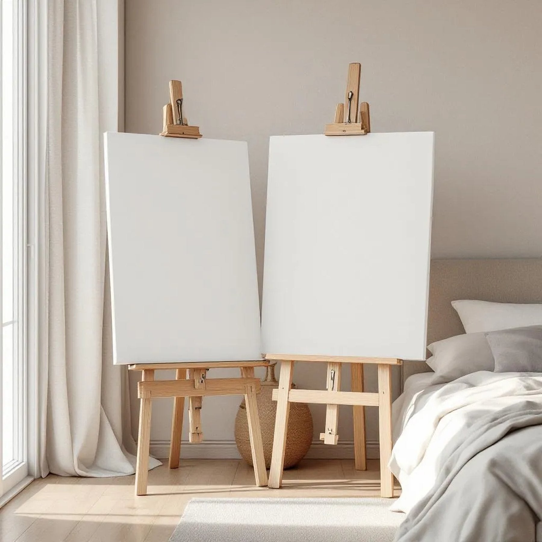 White Bedroom Room Scene Mockup — Plain Square Frame Portrait 2:3 — Perspective View — #02777 | MockupBulk