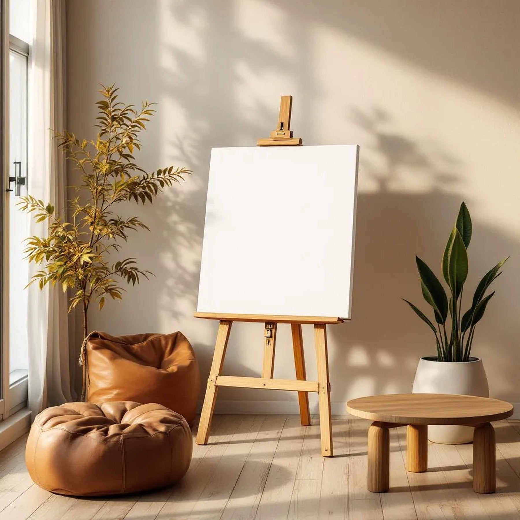 Boho Living Room Premium Interior Mockup — Plain Square Frame Portrait 4:5 — Perspective View — #03135 | MockupBulk