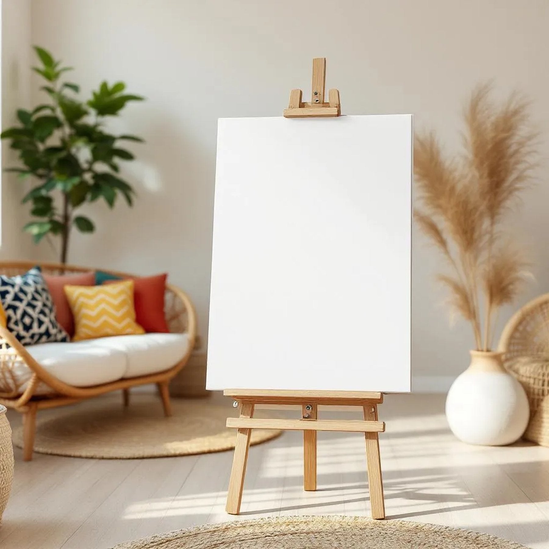 Boho Living Room Styled Room Mockup — Plain Square Frame Portrait 2:3 — Perspective View — #03136 | MockupBulk