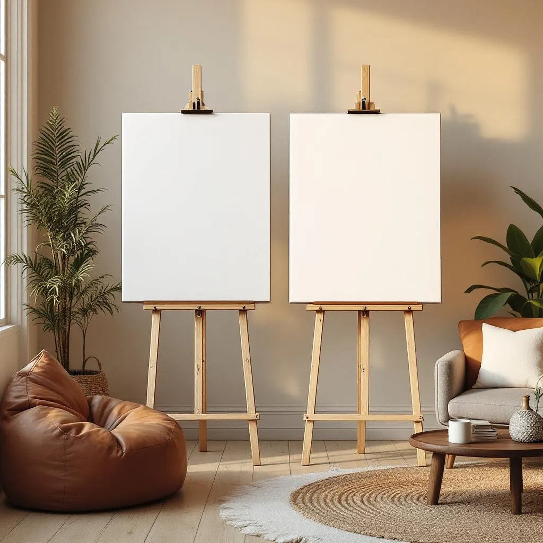 Boho Living Room Styled Room Mockup — Plain Square Frame Portrait 4:5 — Perspective View — #03138 | MockupBulk