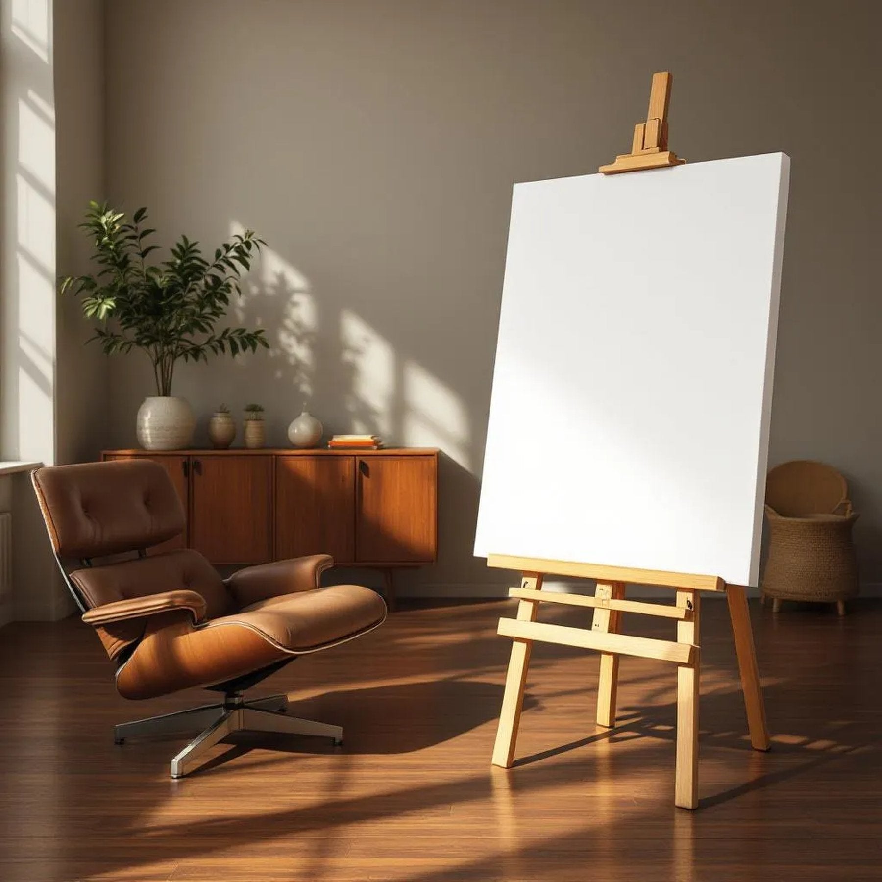Mid-Century Modern Styled Room Mockup — Plain Square Frame Portrait 2:3 — Perspective View — #03157 | MockupBulk