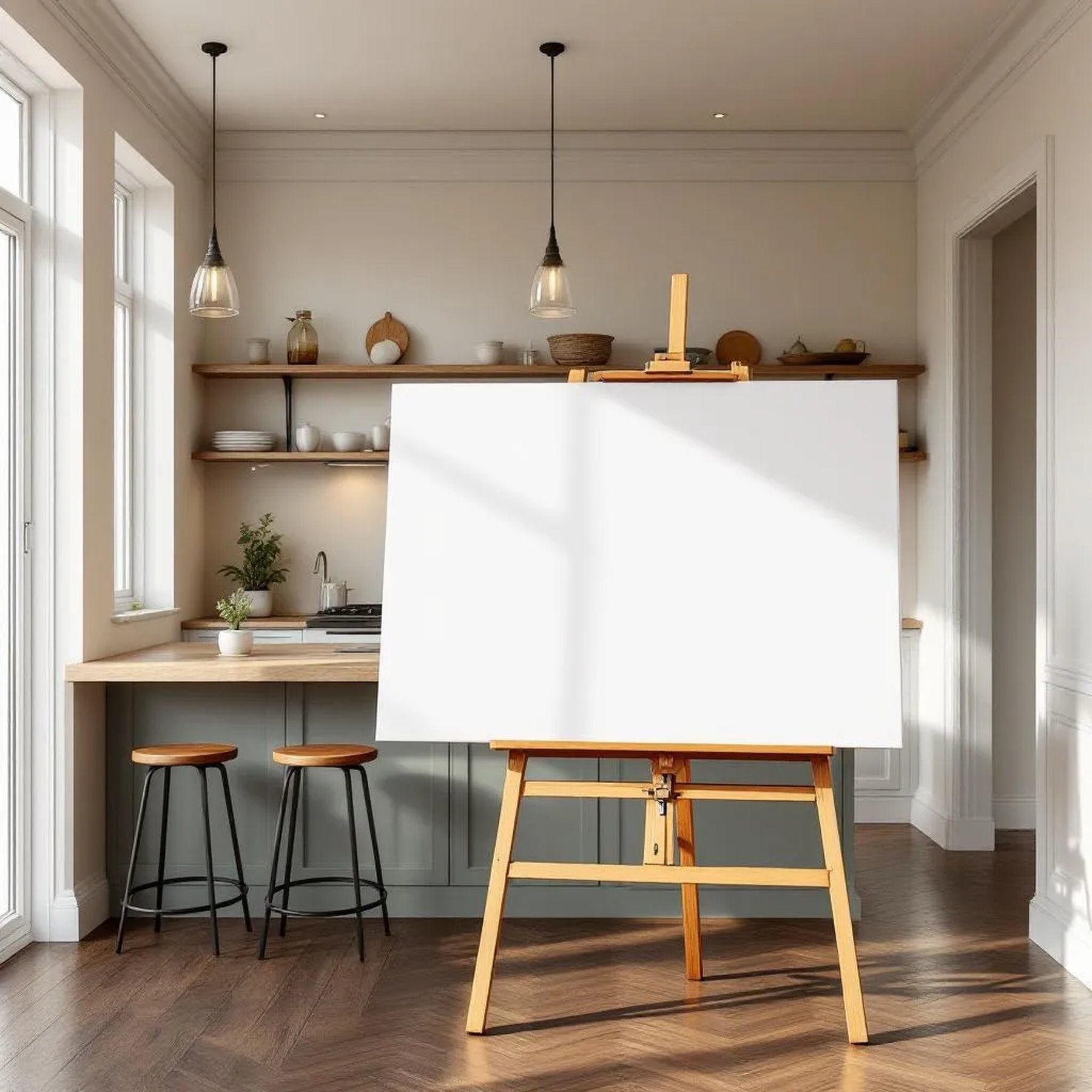 Modern Kitchen Editorial Room Mockup — Plain Square Frame Square 1:1 — Perspective View — #03114 | MockupBulk