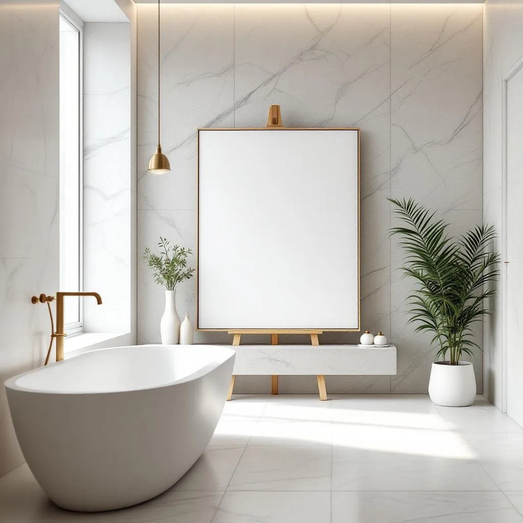 Spa Bathroom Room Scene Mockup — Plain Square Frame Portrait 2:3 — Perspective View — #03031 | MockupBulk