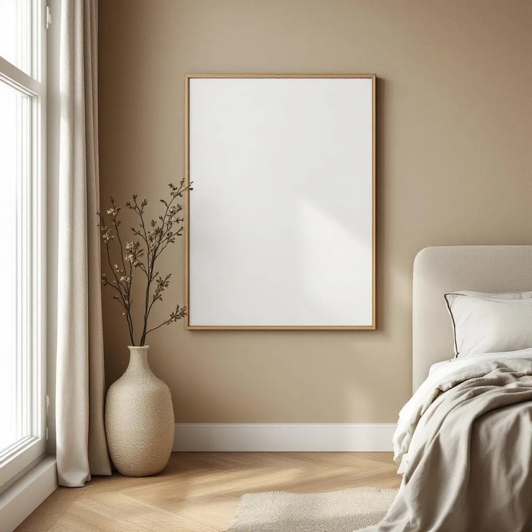 White Bedroom Room Scene Mockup — Plain Square Frame Portrait 2:3 — Perspective View — #02767 | MockupBulk